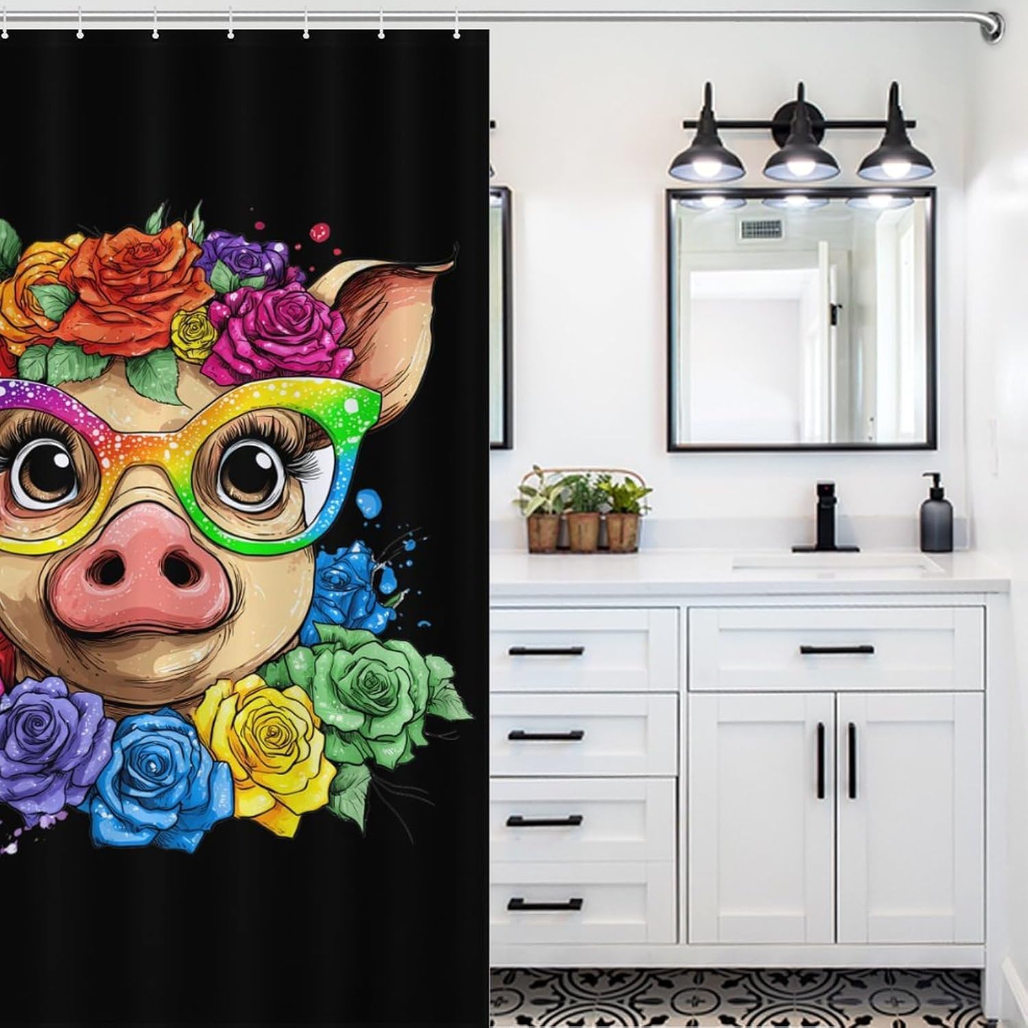 Pigs Rose Floral Shower Curtain 46.85x70.87Inch（119x180cm） Polyester Bath Curtain Shower Curtains Printed Decorative