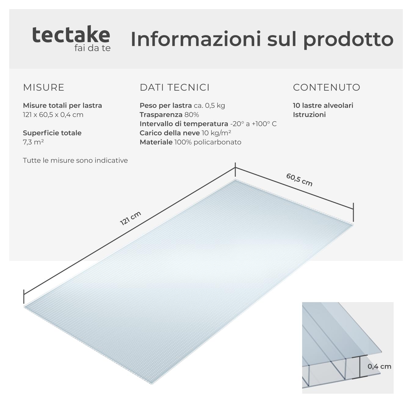 tectake® Set di 10 Lastre Alveolari In Policarbonato, Resistenti alle Intemperie, Trasparenti, Resistente Raggi UV, Tagliabili, per Serre, Pensiline, Tettoie, Facile da Pulire - 121 x 60,5 x 0,4 cm