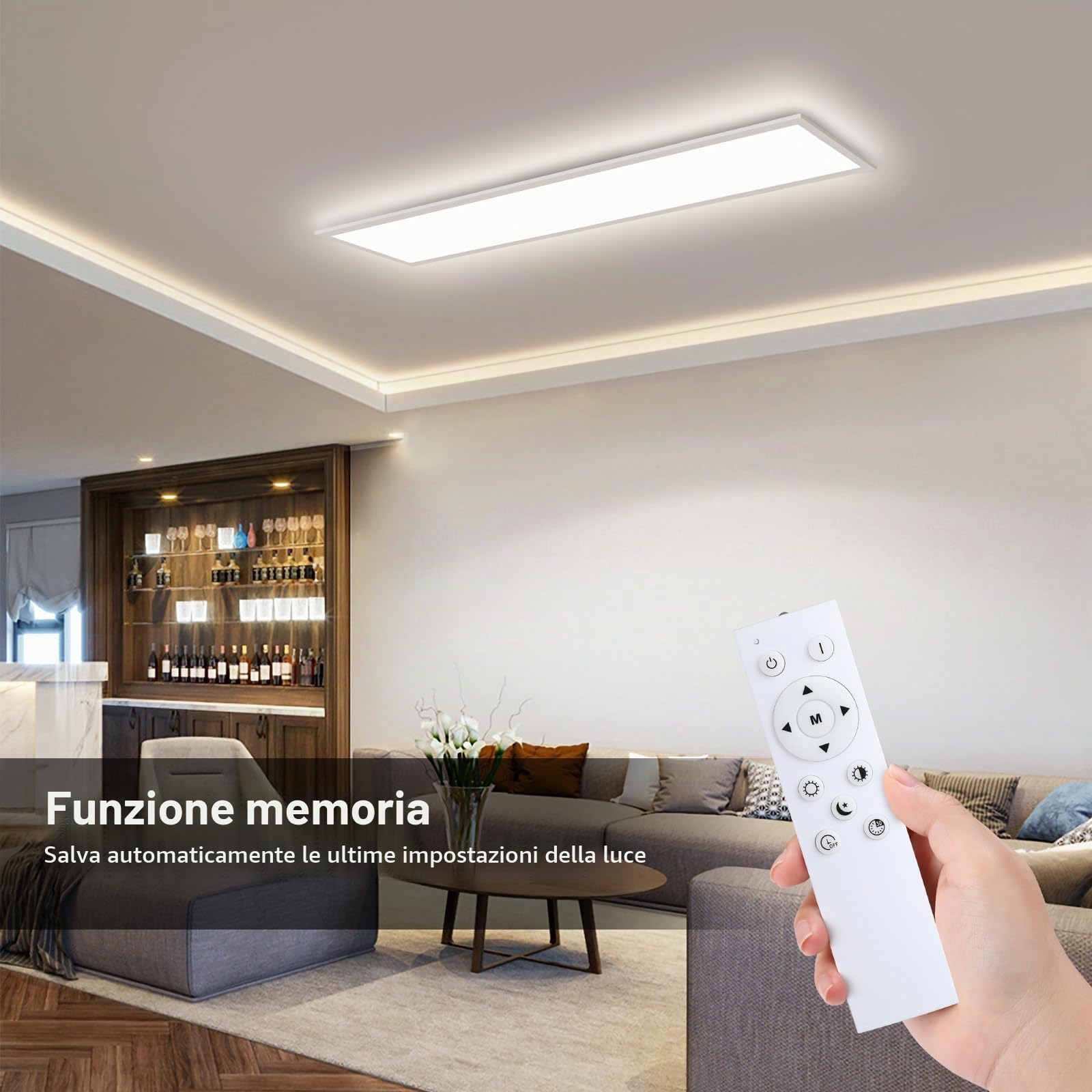 Plafoniera LED Soffitto 120x30cm Dimmerabile con Telecomando, 40W 4400lm 3000K-6500K - Pannello Luce Moderno per Soggiorno, Cucina, Ufficio e Officina
