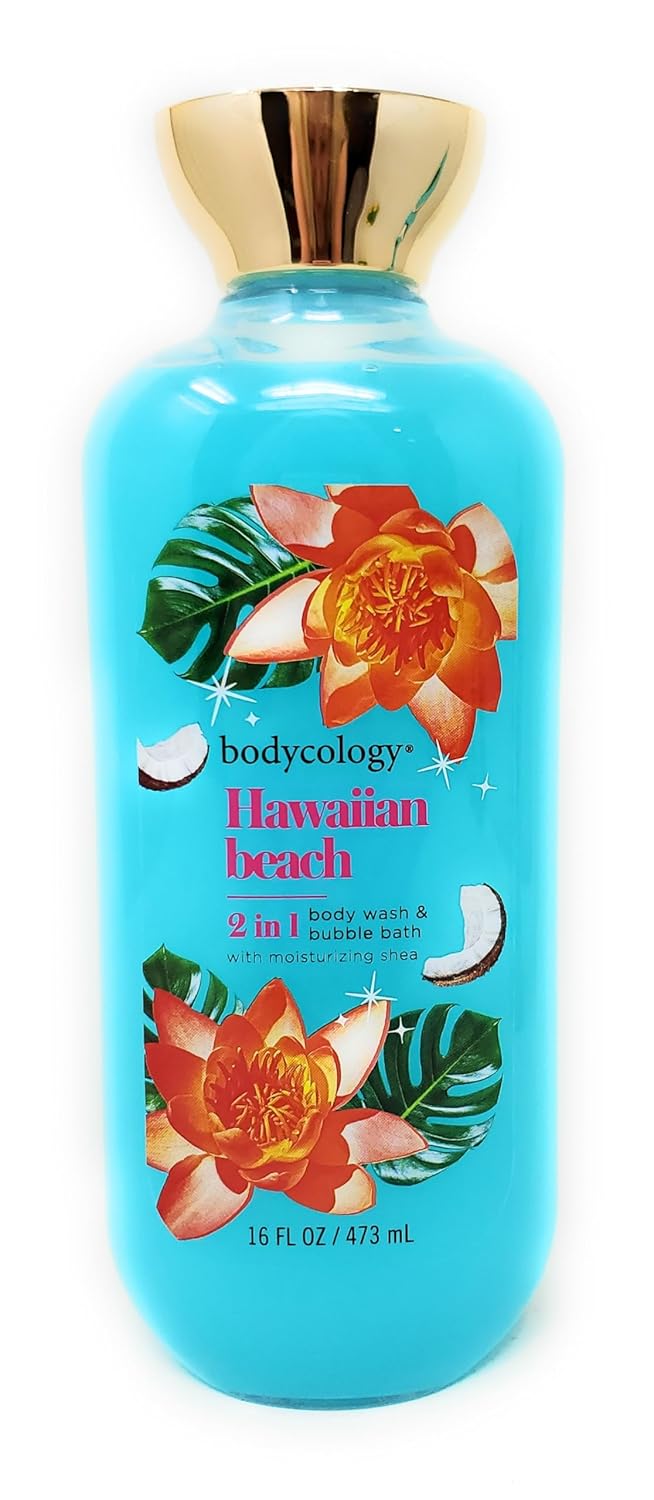 Hawaiian Beach 2 in 1 Body Wash & Bubble Bath 16 fl oz & Hawaiian Beach Body Cream 8 oz (Pack of 2)