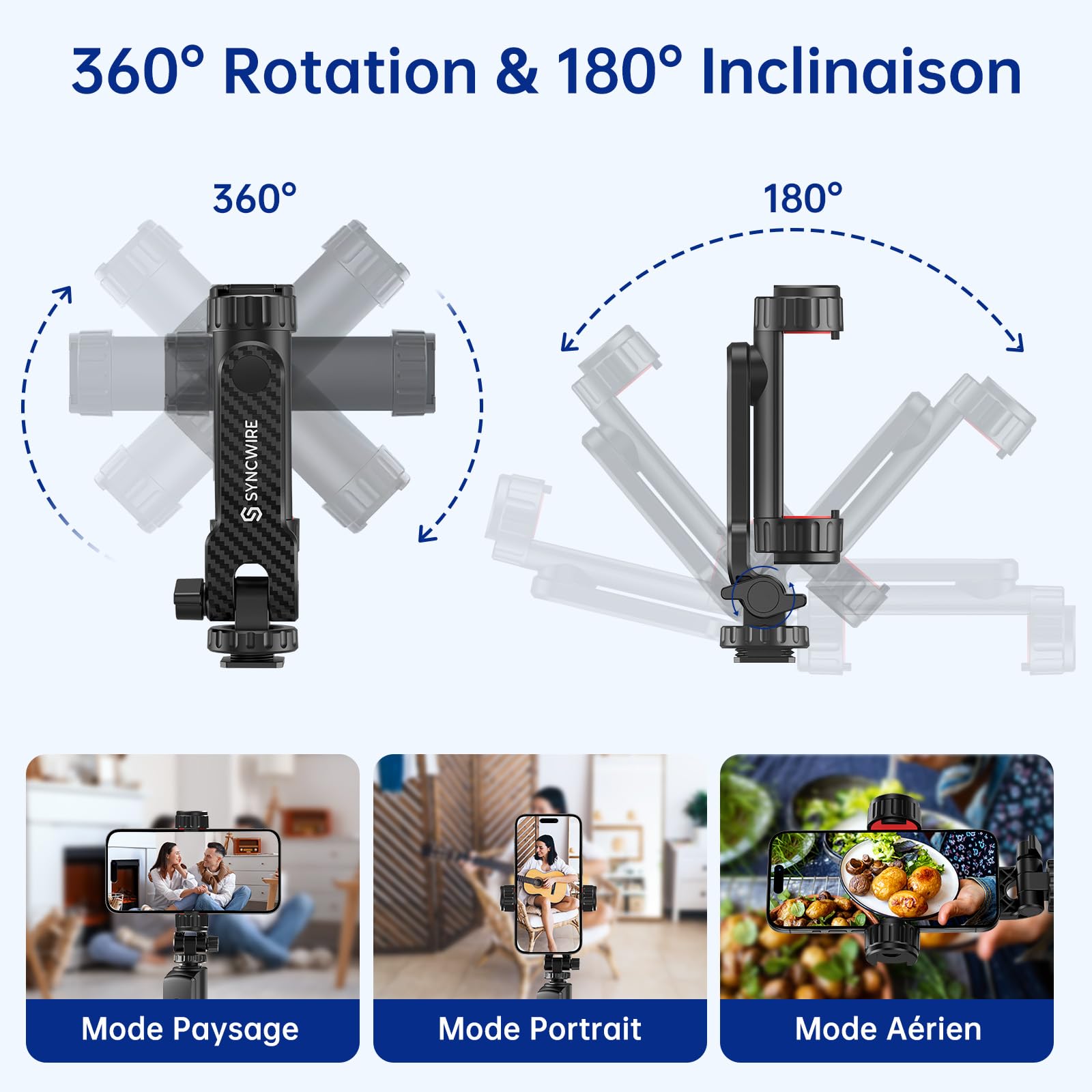 SYNCWIRE Adaptateur Trépied Smartphone avec 2 Sabots Froids, Vis 1/4", Rotatif 360°