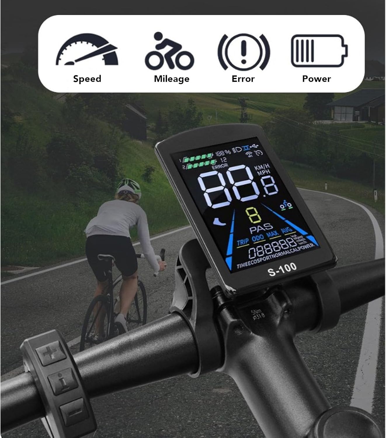 Cryfokt Electric Bike LCD Display, 5 Pin ABS Panel Meter Screen with Universal 24V 36V 48V 60V 72V Voltage, E Bike Display Meter Control Panel Screen for 22.2mm Handlebar Cycling