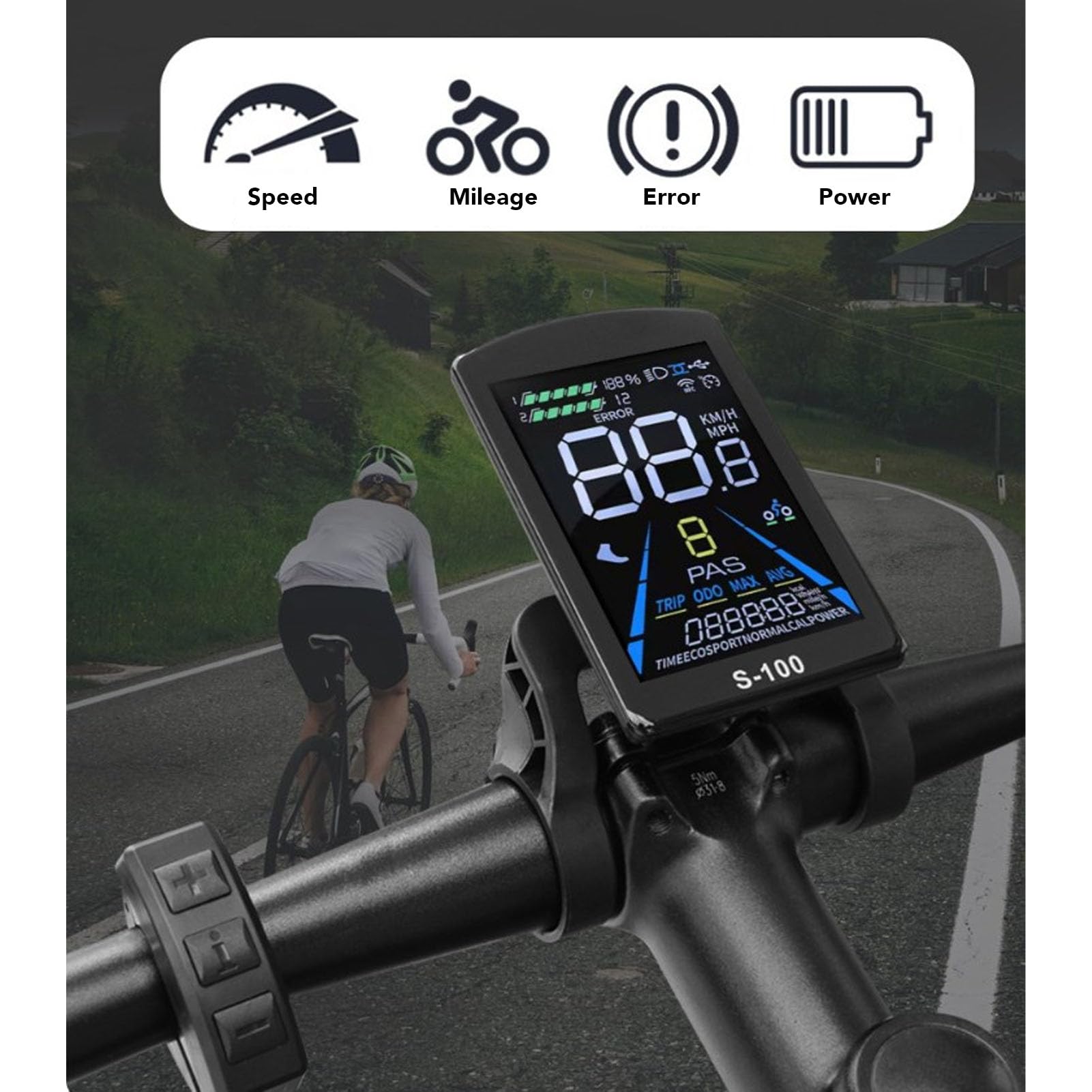 Electric Bike LCD Display 5 Pin Connector 24V 36V 48V 60V 72V Universal S 100 Panel Screen 22.2mm Handlebar Cycling Accessory for DIY Modification