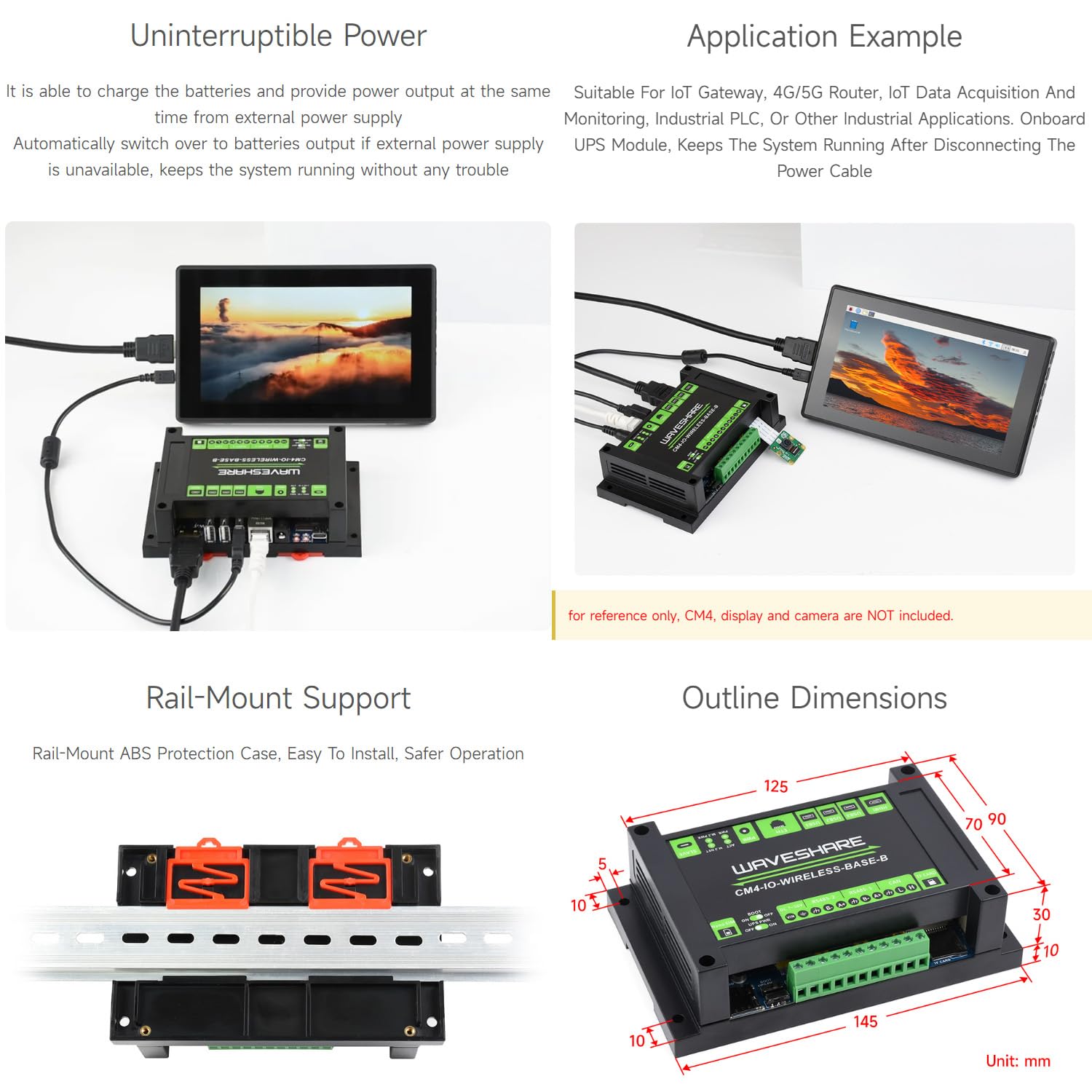 Waveshare Industrial IoT 5G/4G Wireless Expansion Module For Raspberry Pi CM 4 (Compute Module 4), With UPS Module, Onboard M.2 Slot, for IoT Getaway, Wireless Router, Intelligent Data Acquisition