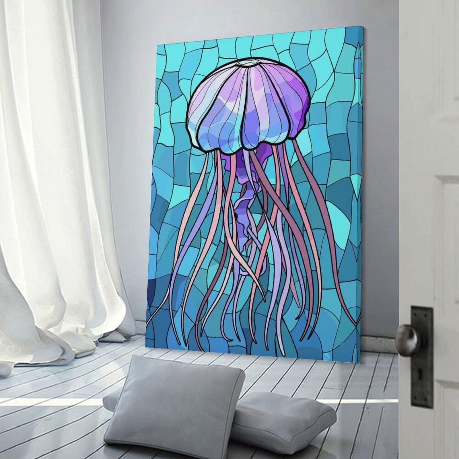 Junmoney Decorative Canvas Print Jellyfish in Blue Water, 24x36inch(60x90cm), for Home Office, Desk Area Or Studio, Home Office Artwork with Decorative Appeal