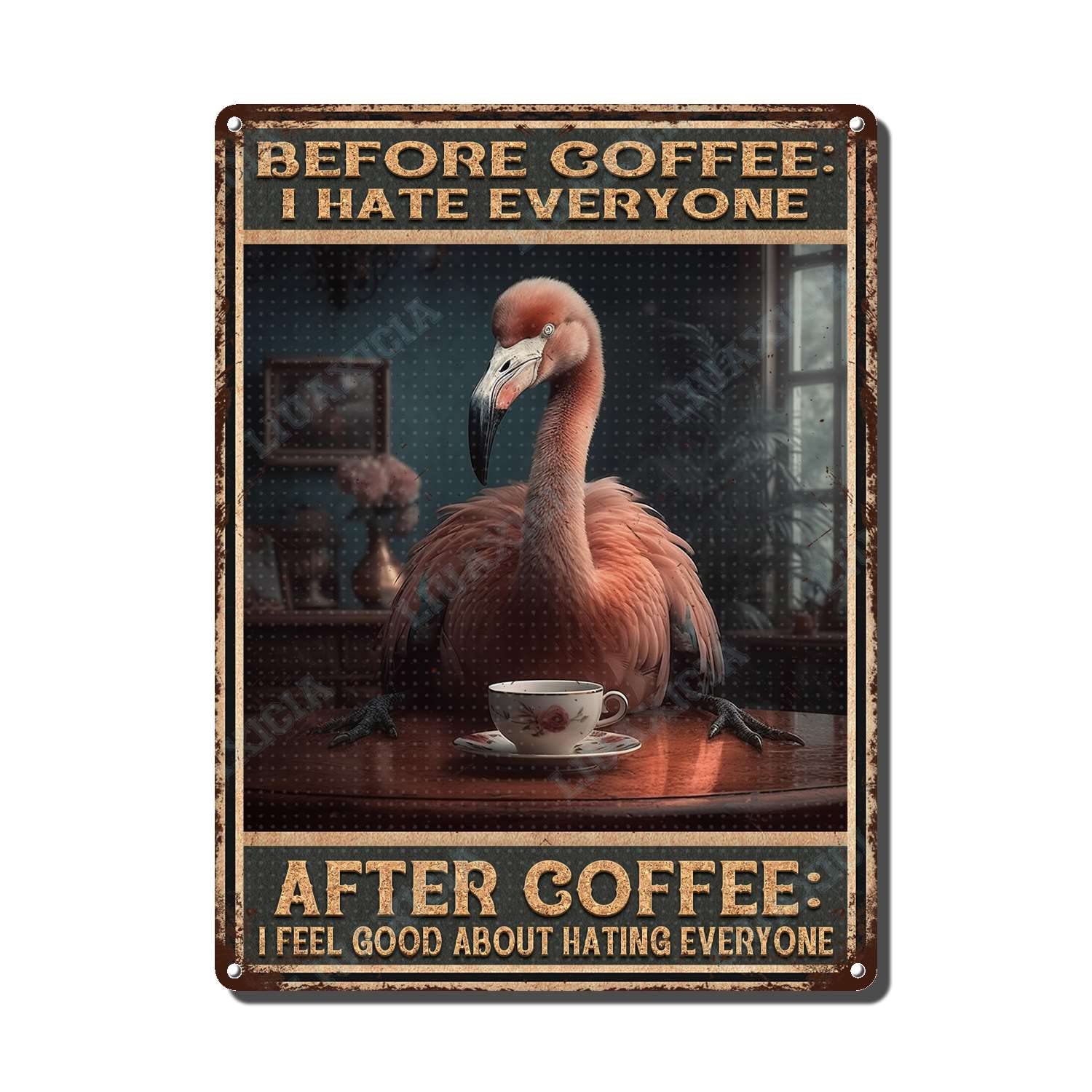 peiyeety Metal Tin Sign Before And After Coffee Flamingo Vintage Decorative Wall Art,Retro Funny Coffee Lover Rustic Plaque for Home Kitchen Living Room Office,6x8 Inch