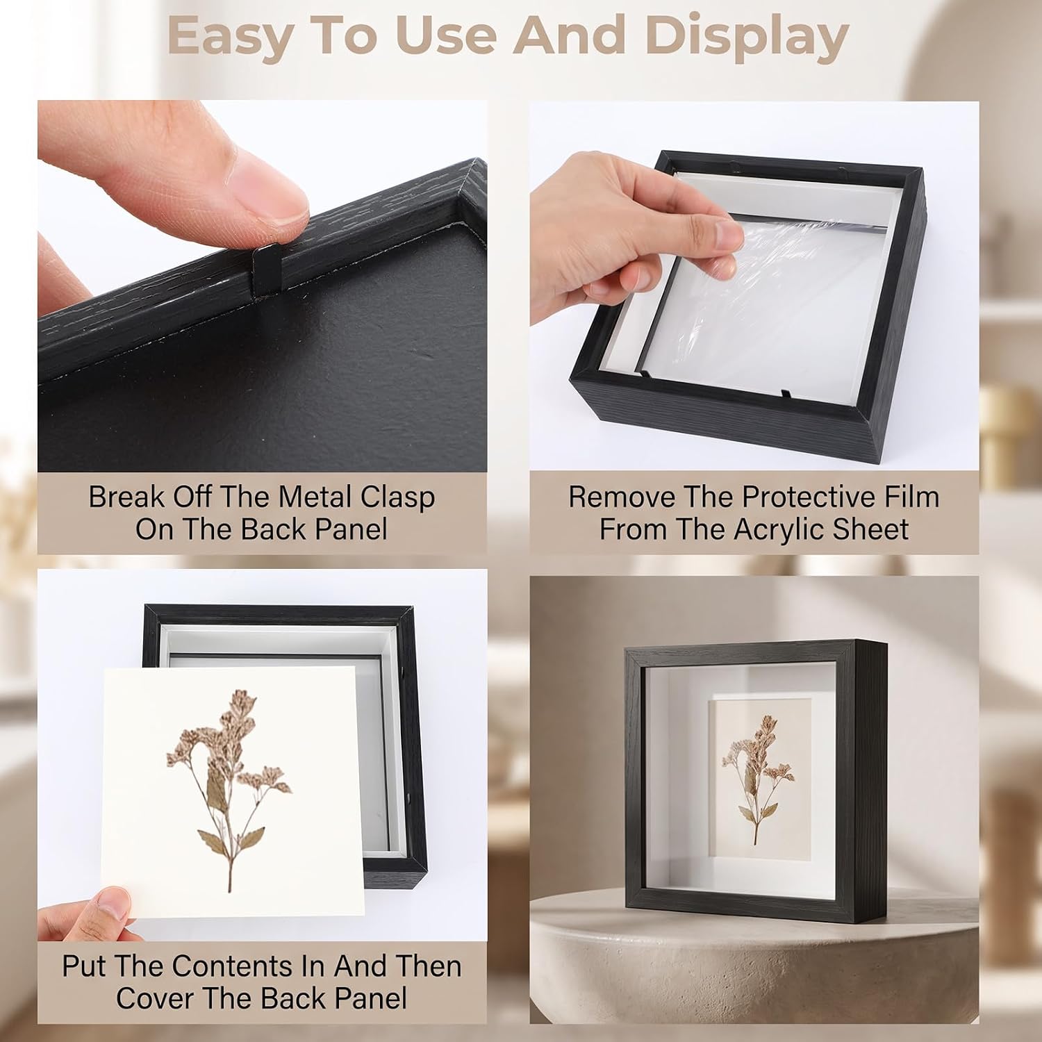 6 Pack Shadow Box Frames, 5 x 5 Inches Deep Square Artificial Board Shadow Boxes Display Case, Black 3D Picture Frames for Photos, Dried Flowers, Wall Mounted Handicraft Photo Frame