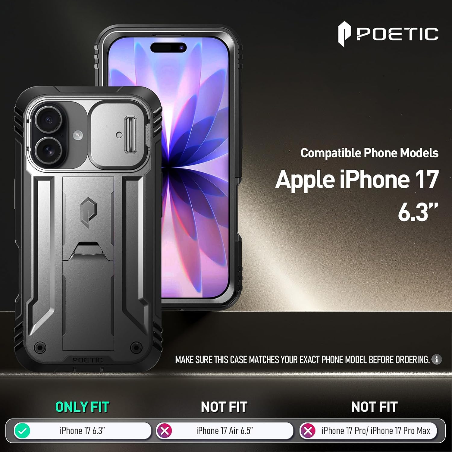 Poetic for iPhone 17 Case with Camera Control Capture Button, [Slide Camera Cover] [Built-in Stand] [Built-in Screen Protector] Full-Body Military Grade Rugged Phone Case for iPhone 17, Black