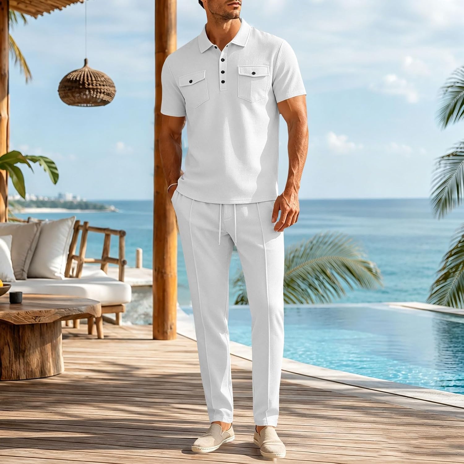 HJINGSUN Men Summer Outfits Waffle Polo Shirts 2 Piece Set | Weekend Travel, Casual Hangouts, Music Events, Resort Lounging, Warm-Weather Strolls, Vacation Photo Moments, Social Meetups