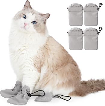 ETIAL 4Pcs Cat Paw Boots Anti Scratch, Adjustable Cat Feet Claw Covers for Indoor Cats Pet Bathing Shaving Checking Treatment, Waterproof Cat Paw Protector Anti-Fall Off Grooming Cat Accessories