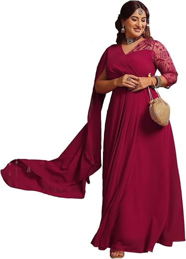 Miss Chase A+ Women's Self-Designed Relaxed Fit V-Neck 3/4th Sleeve Georgette and Lace Maxi Dress