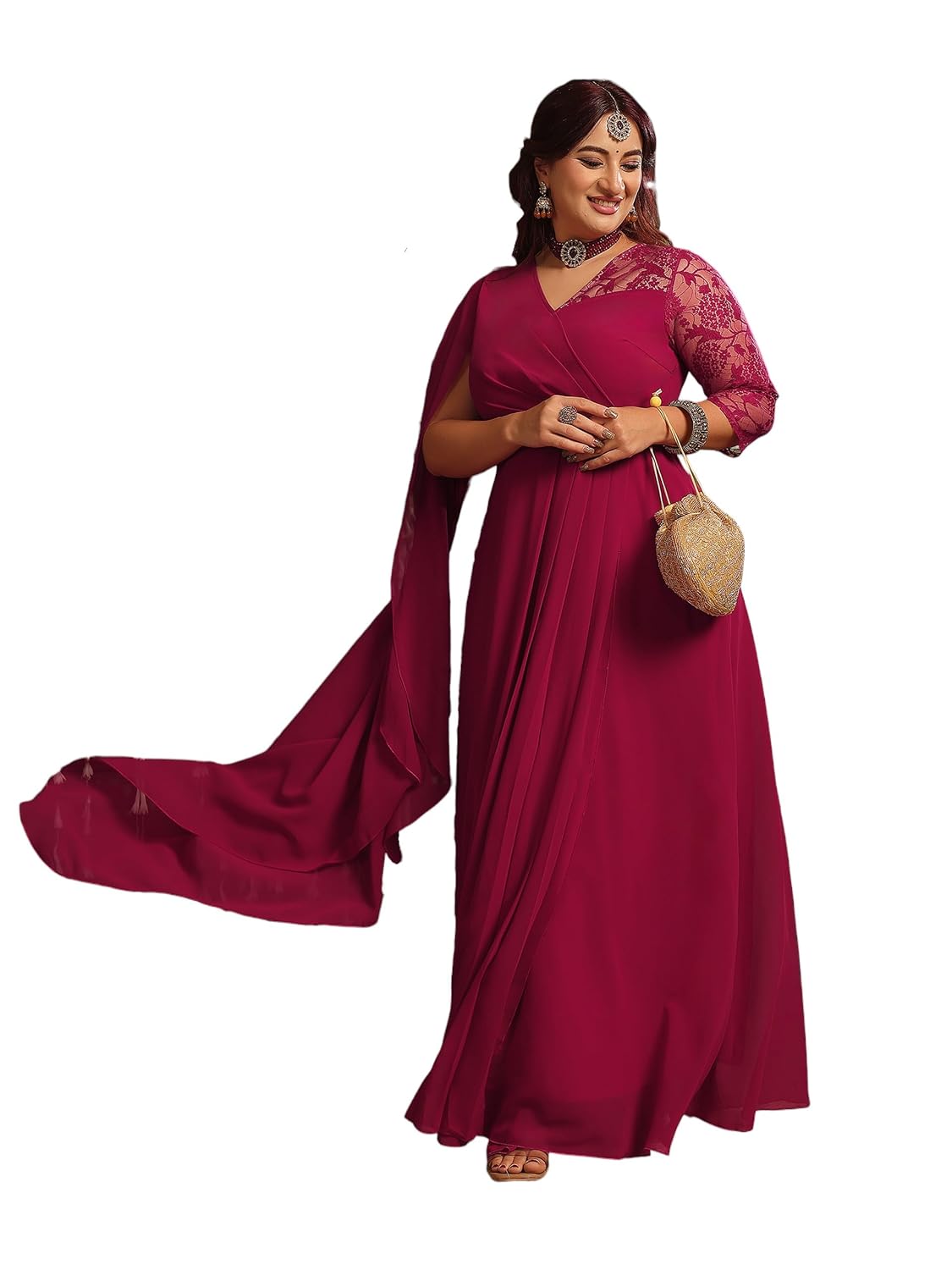 Miss Chase A+ Women's Self-Designed Relaxed Fit V-Neck 3/4th Sleeve Georgette and Lace Maxi Dress - Review, Price and Buying Guide