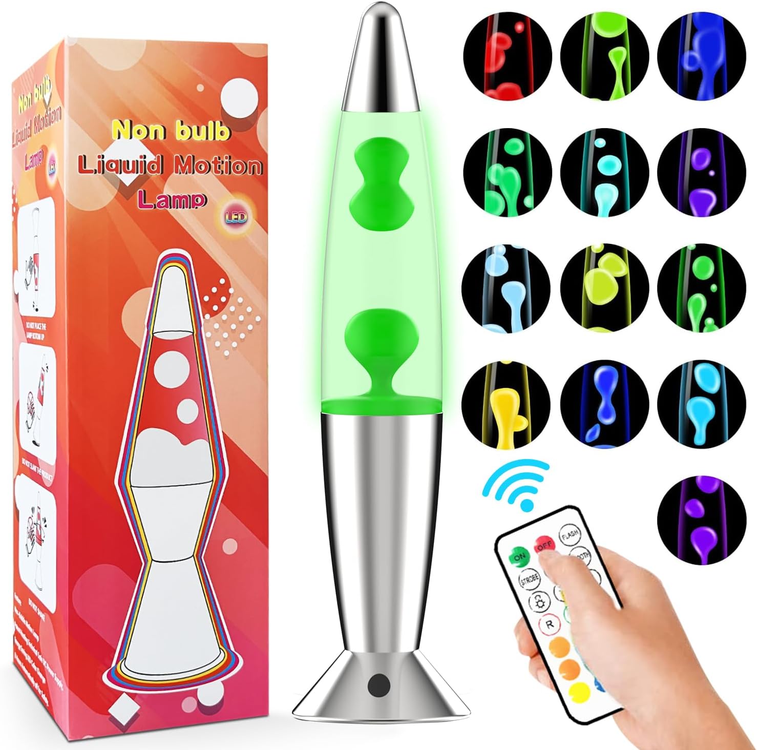 Liquid Motion Lamp with Remote, 12 Colors Changing Night Light, 14.5 Inch RGB LED Table Lamp for Kids & Adults, Christmas, Home Decor (White) (Green)