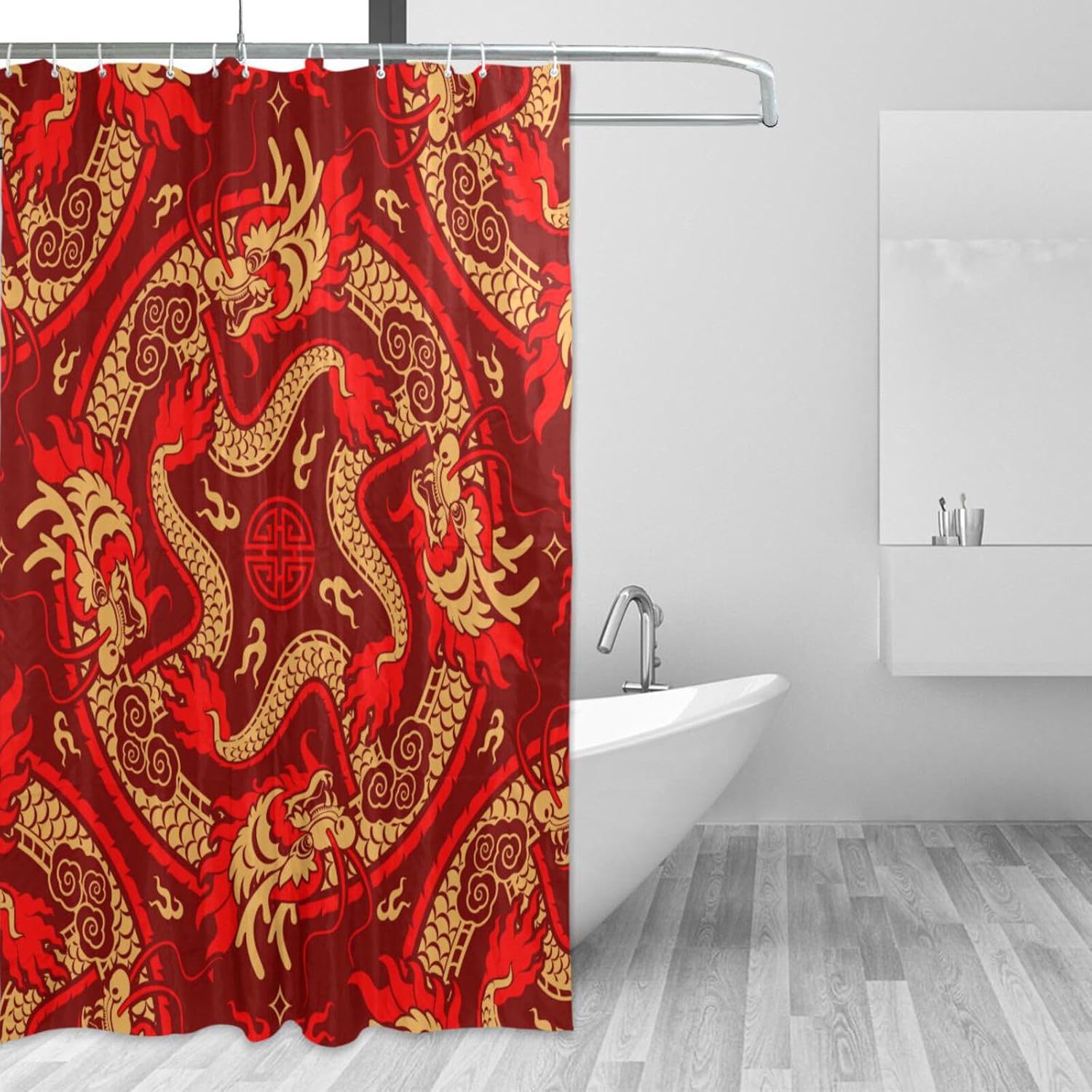 72x72 Inch Water Proof Material Bath Curtain with Stuff Machine Washable Shower Curtains Liner for Bath Chinese Red Dragon