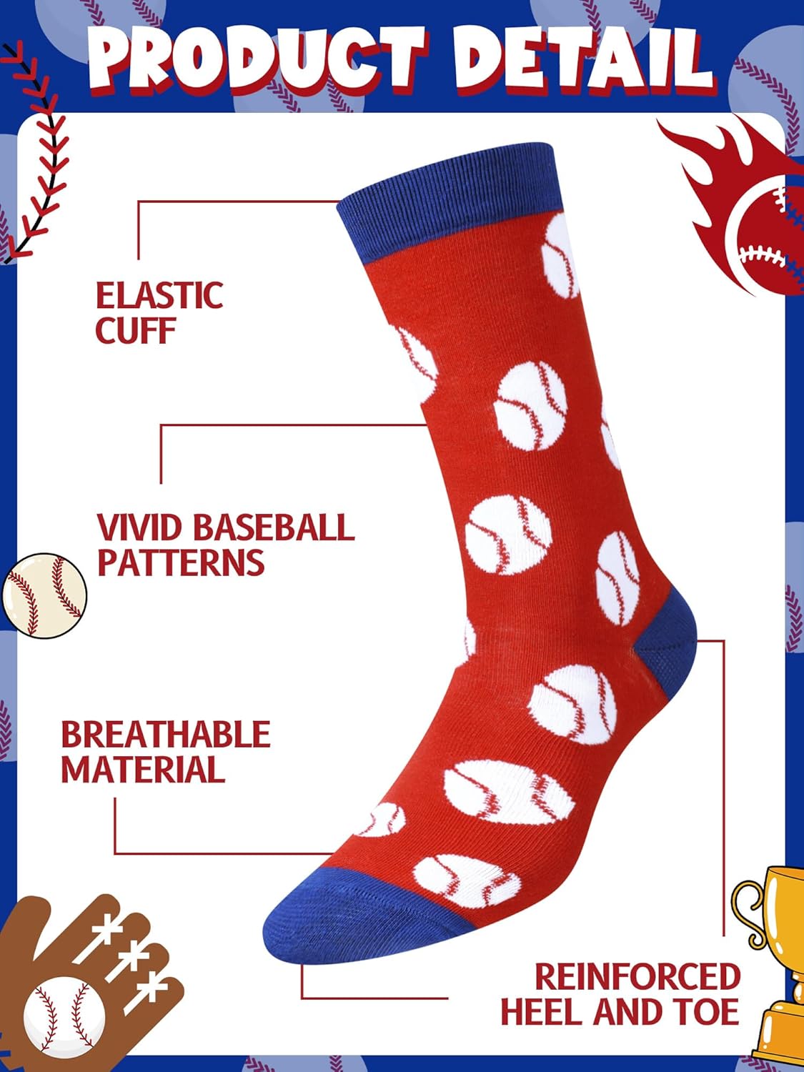 Patelai 8 Pairs Funny Baseball Socks for Men, Novelty Baseball Season Gift Crew Socks for Team Players Coaches Fans Favors - Image 5