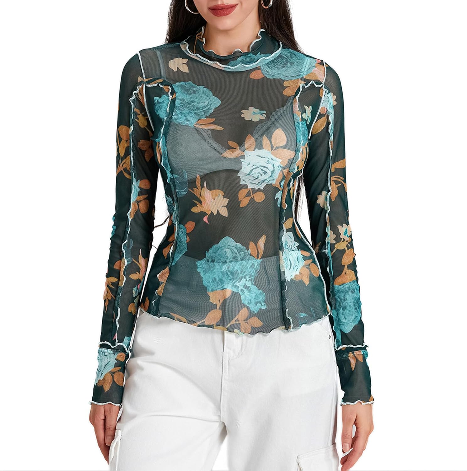 Women's Lace Mesh Tops Long Sleeve Dots Sheer Blouse Sexy Shirt