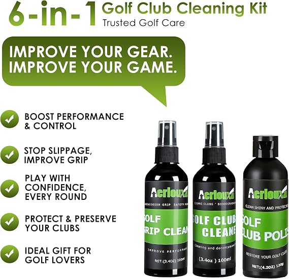 6-in-1 Golf Club Cleaning Kit - Club Cleaner, Grip Cleaner, Polish, Water-Spray Brush,Professional Golf Towel & Portable Bag | Restores Clubs, Removes Rust/Scratches, Renews Tackiness