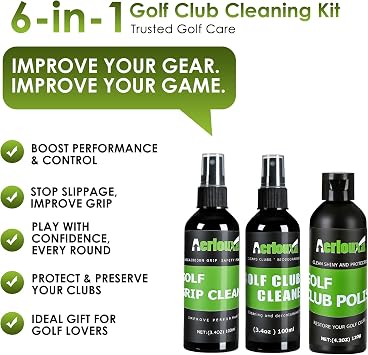 6-in-1 Golf Club Cleaning Kit - Club Cleaner, Grip Cleaner, Polish, Water-Spray Brush,Professional Golf Towel & Portable Bag | Restores Clubs, Removes Rust/Scratches, Renews Tackiness