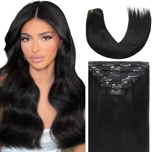 Caliee Extensiones de cabello negro con clip extensiones de cabello humano grueso cabeza completa sin costuras doble trama encaje Remy extensiones