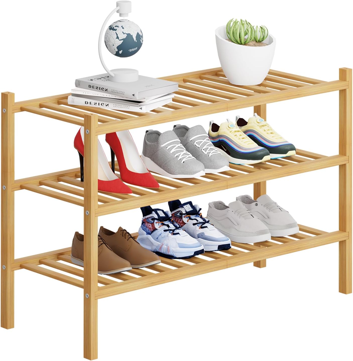 3 Tier Bamboo Shoe Rack Storage Organizer for Closet, Multifunctional Stackable Free Standing Shoe Shelf Organizer for Small Space,Entryway,Hallway,Bathroom 27"x11"x20" (Natural, 3 Tier) - Amazon product rated Grade B