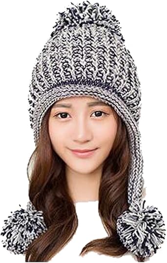 Mixed Colors Ear Flap Beanie Handmade Knitted Hat with Pom Valentine Gifts Navy Blue