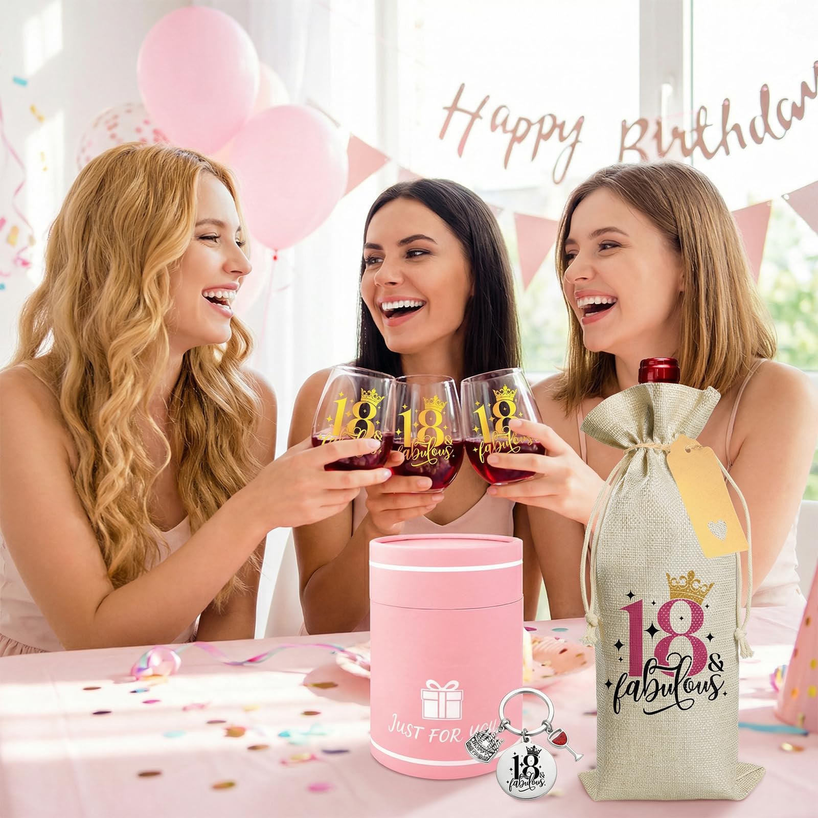 Geschenke zum 18. Geburtstag für Mädchen und sie, personalisiertes Weinglas mit Flaschentasche, Schlüsselanhänger und Karte, Weingläser-Set zum 18. Geburtstag, für Jahrestag, beste Freundin