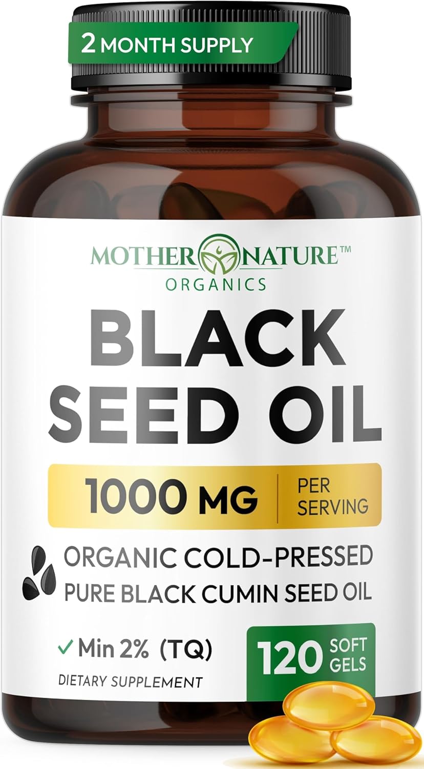 Black Seed Oil Capsules 1000mg, Organic Cold Pressed Black Cumin, High TQ, Immune & Joint Support, 120 Count (2 Month Supply)