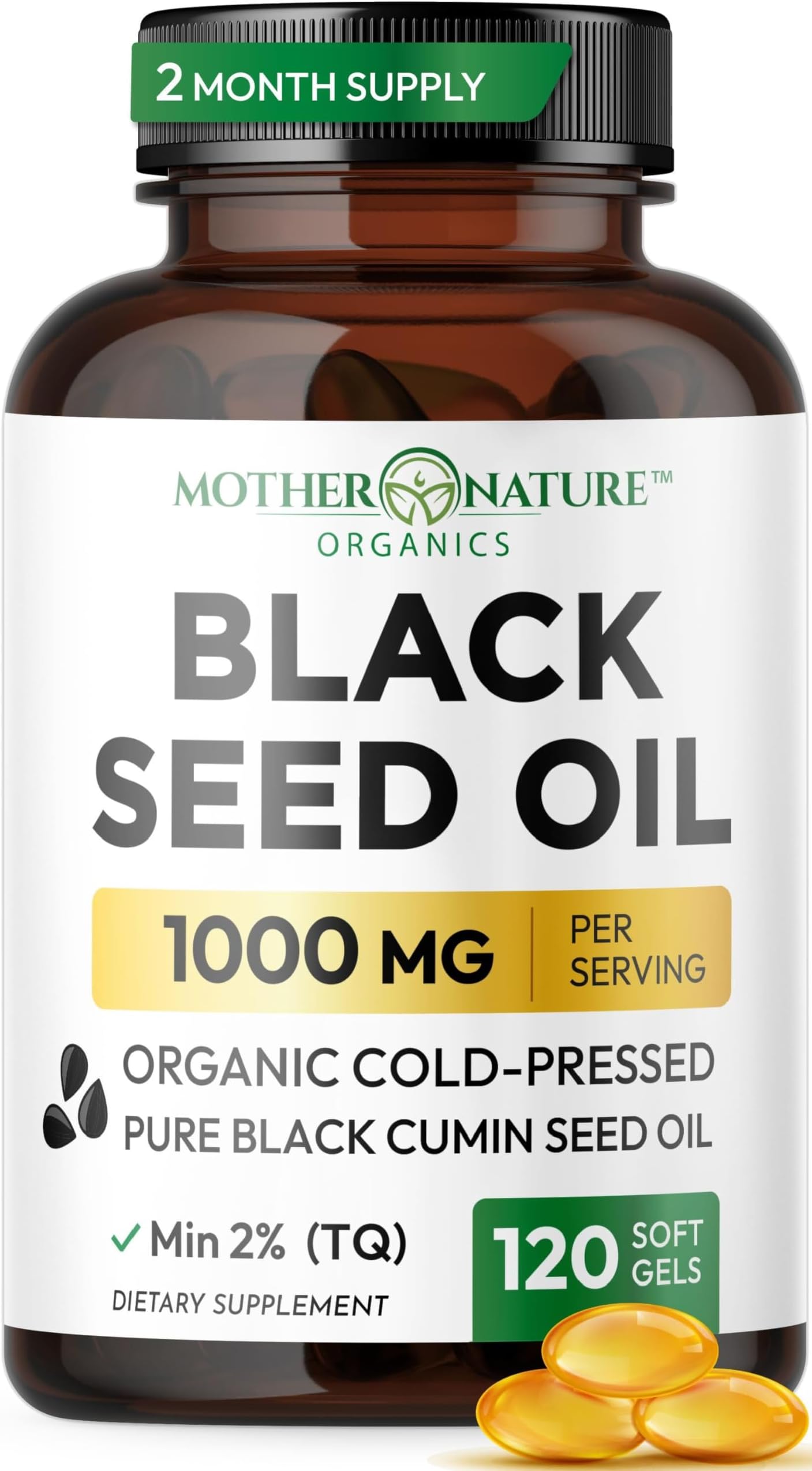 Mother Nature Black Seed Oil Capsules - Organic Cold-Pressed Cumin Nigella Sativa - Blackseed Liquid Cumin Oil for Immune Support & Digestion - High Thymoquinone TQ with Omega 3,6, & 9 - (120 Caps)