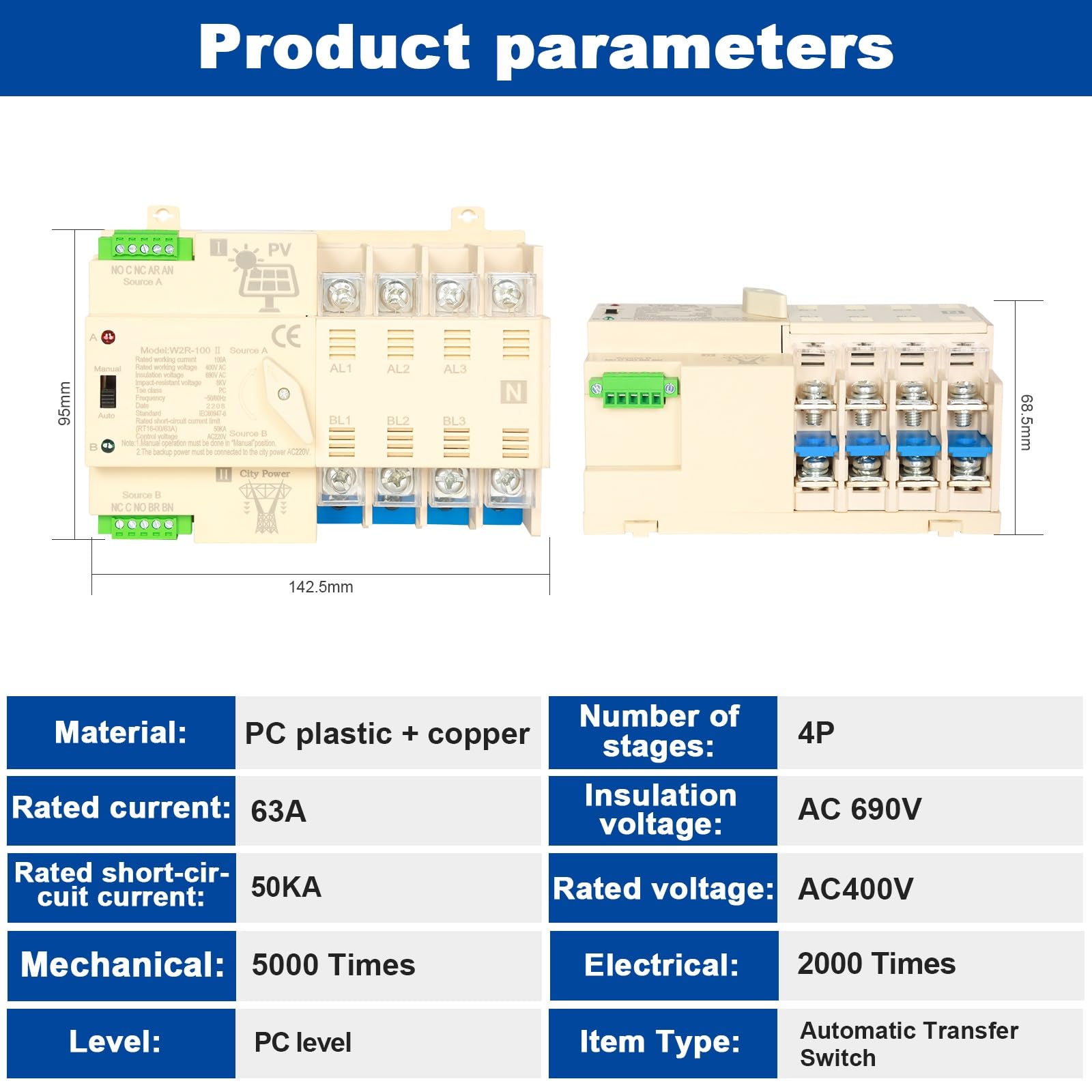 Jadeshay ATS Fotovoltaico Commutatore Automatico Doppia Alimentazione Fotovoltaico 4P 63A 220V su Guida DIN 35mm Interruttore di Trasferimento Automatico per Impianto Fotovoltaico