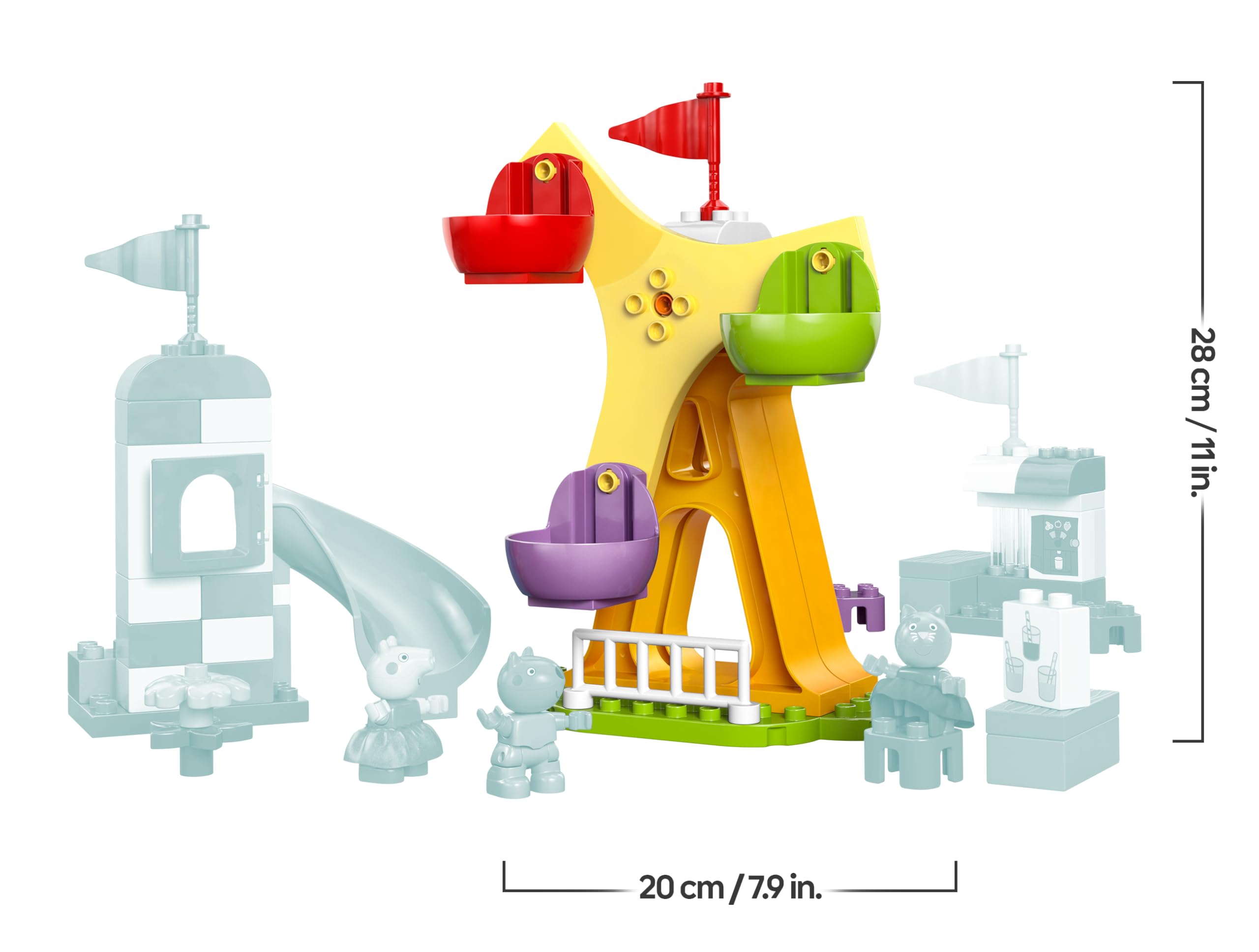 LEGO DUPLO Peppa Pig Luna Park - Gioco per la Motricità Fine per Bambini da 2 Anni - Ruota Panoramica, Scivolo, Bar e 3 Figure tra cui Candy Gatto e Danny Cane - Attività per Sviluppo Precoce - 10453