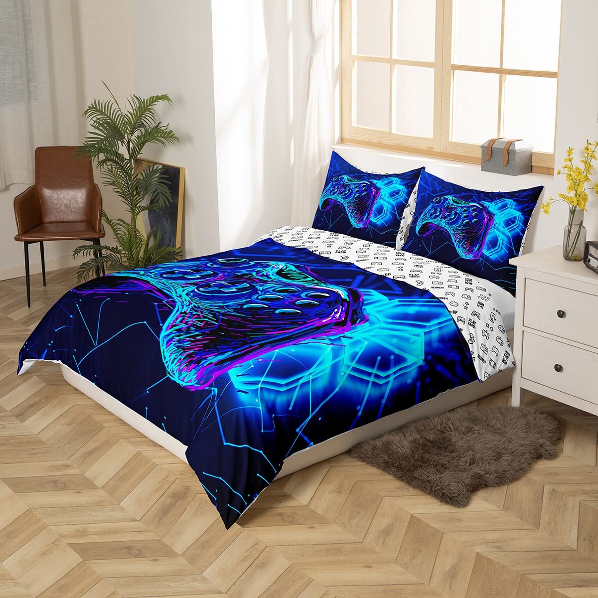 Juego de funda de edredón para niños, diseño de Gamepad con mando de juego, color azul, para decoración de niños, niñas, adolescentes, moderna funda de edredón para consolas de videojuegos, geometría