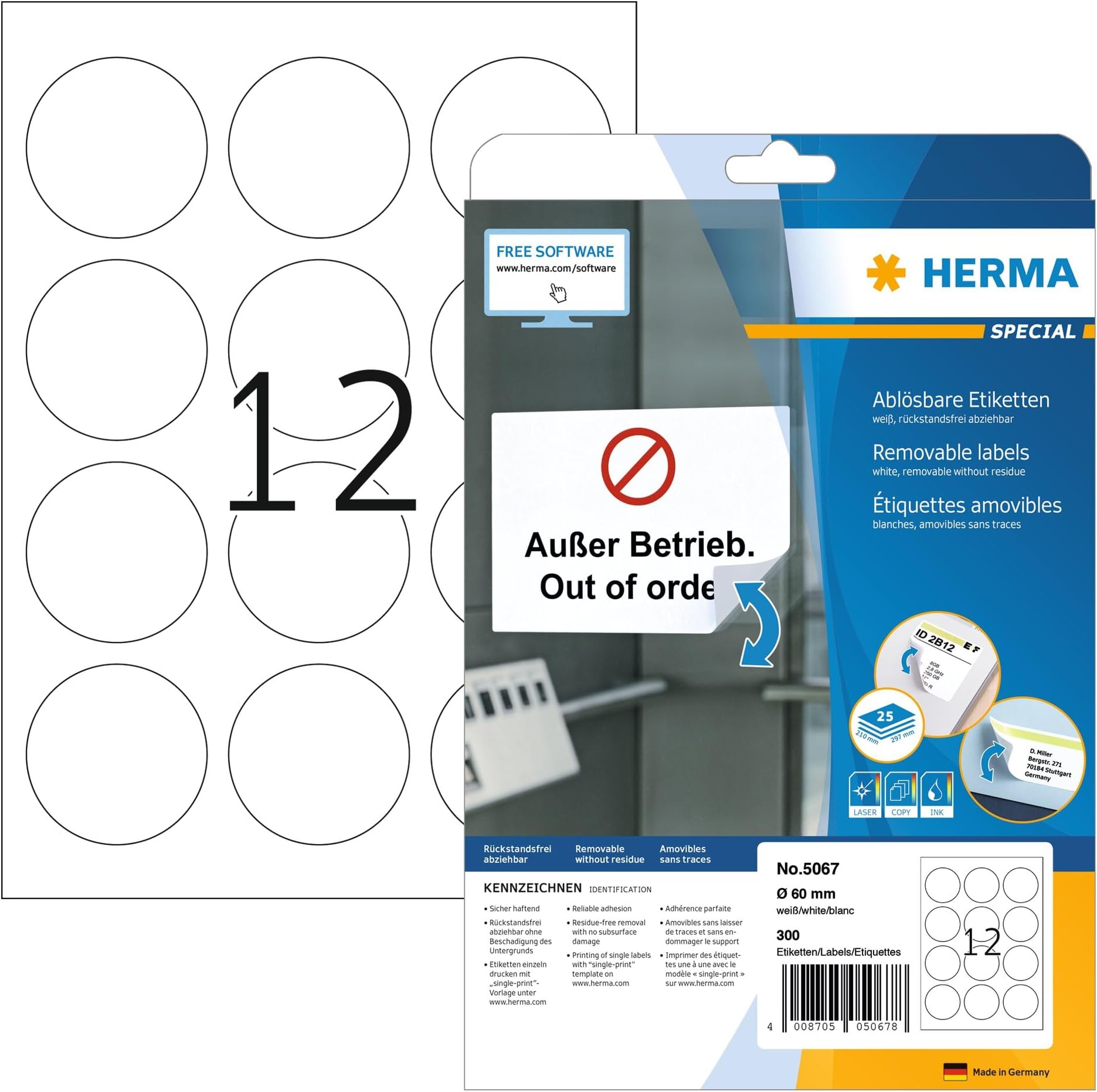 HERMA Self Adhesive Removable Round Labels, 12 Labels per A4 Sheet, 25 Sheets, Ø 60 mm, 300 Labels, Blank Multipurpose Labels Stickers, Sticky Dots for Laser & Inkjet Printer, White