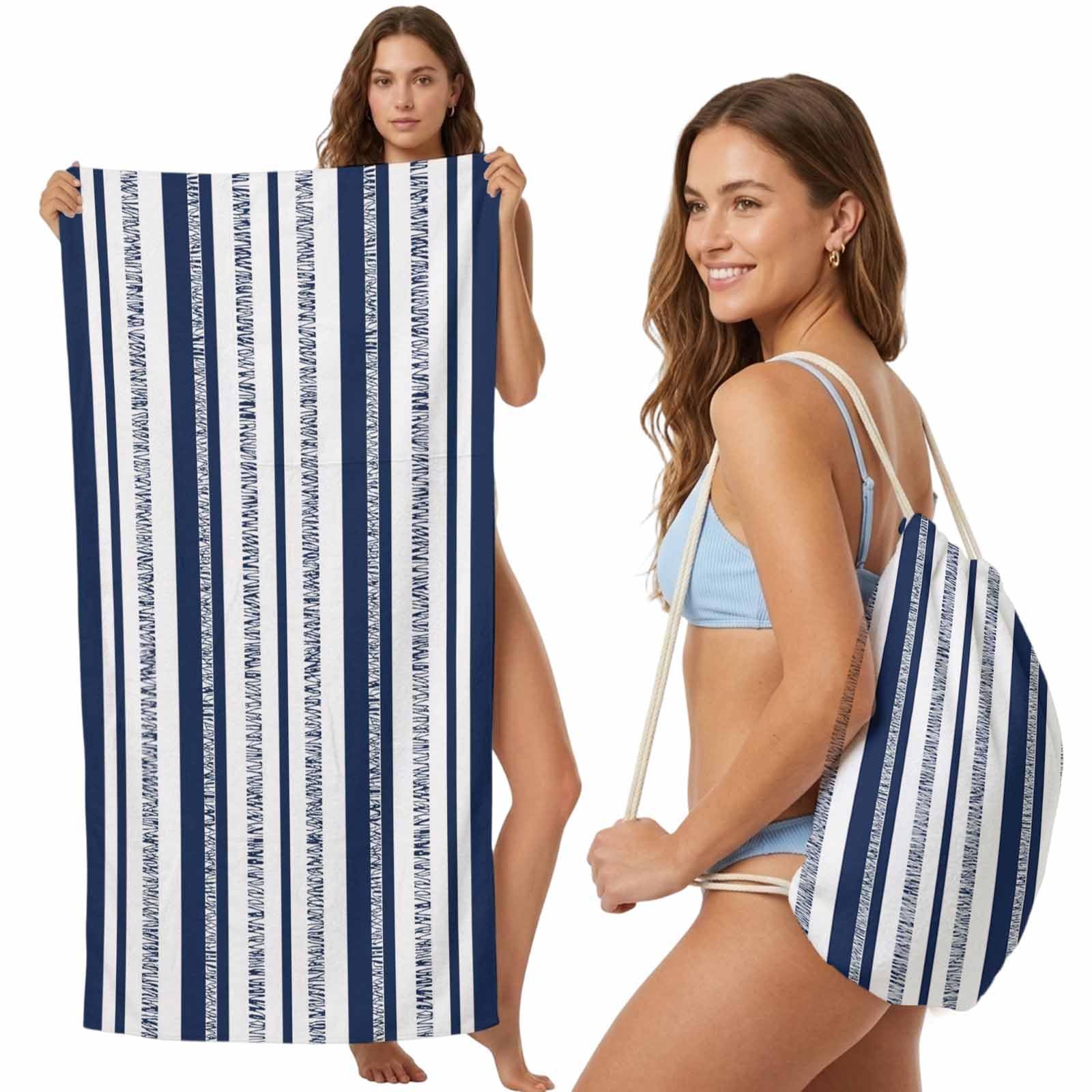 Beach Towel Bag 2 in 1 Navy Blue Vertical Stripes Bath Pool Towels Backpack Mixed Width Striped Absorbent Beach Towel Soft Quick Dry Lightweight Packable Towels Drawstring Bag for Travel Sports Yoga