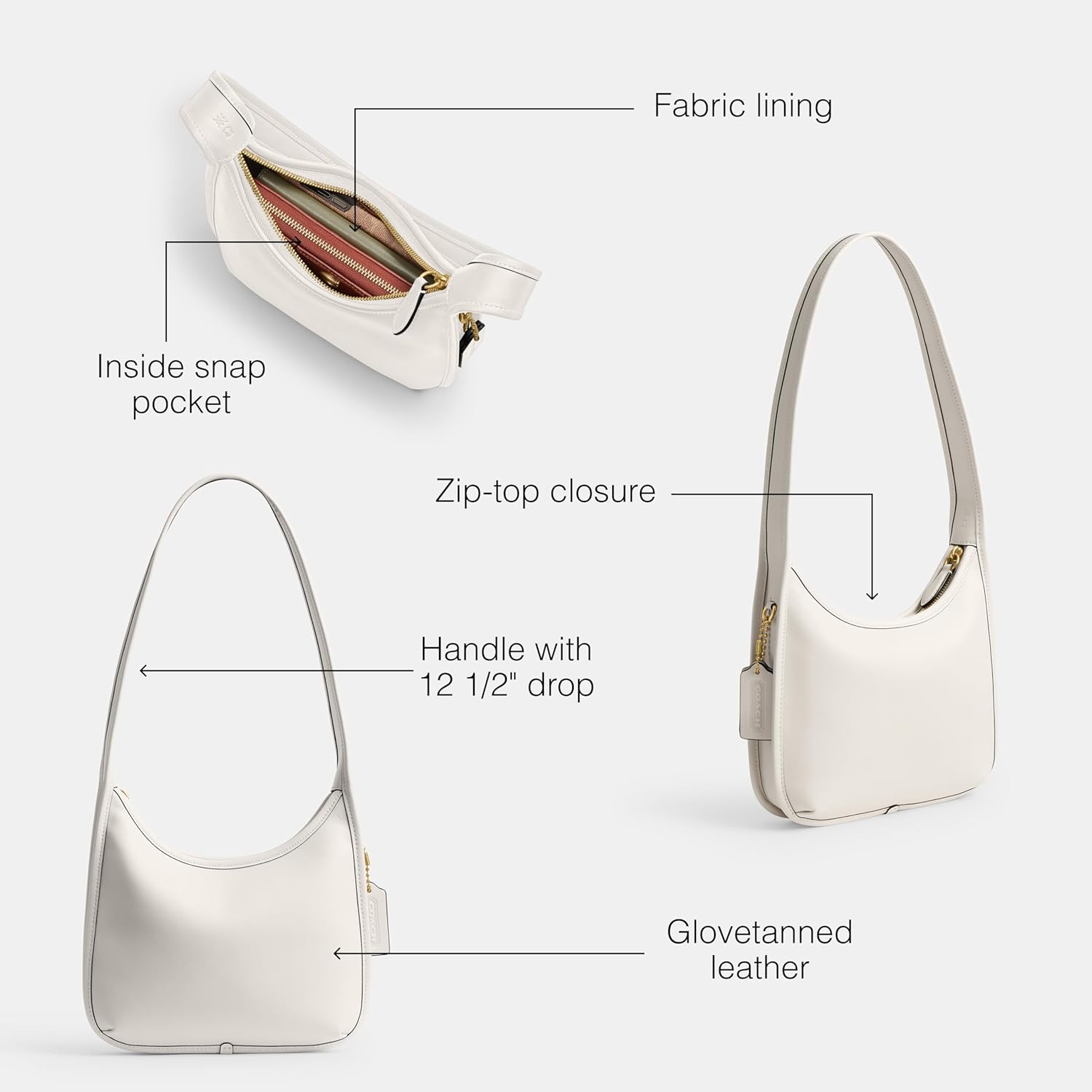 COACH Women's Glovetanned Leather Curve Zip Bag, B4/CHALK, One Size - Image 3