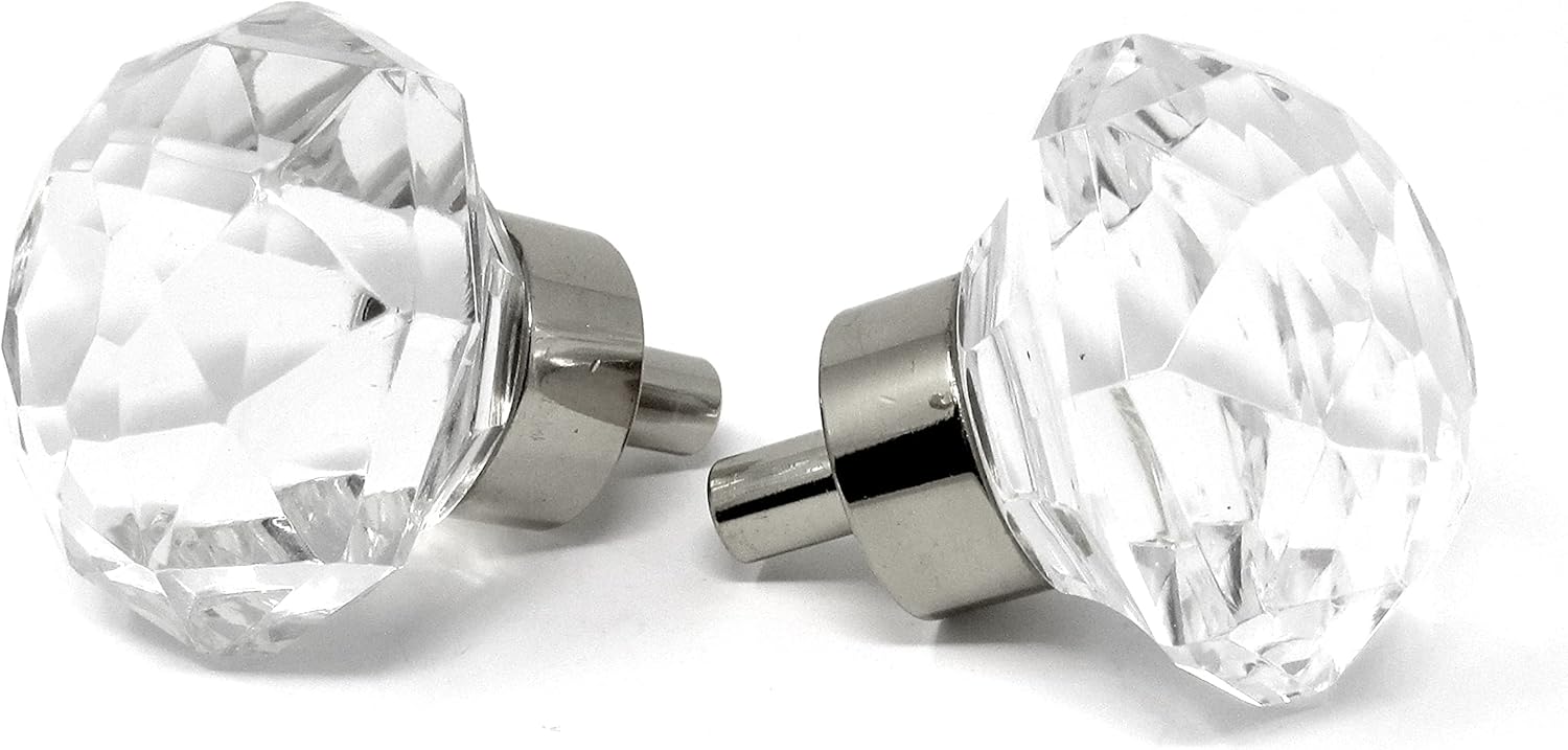 Rousso's Reproduction Petite Diamond Glass Knob Pulls 0552-PC Polished Chrome Base for Cabinet, Kitchen, Bath, Office