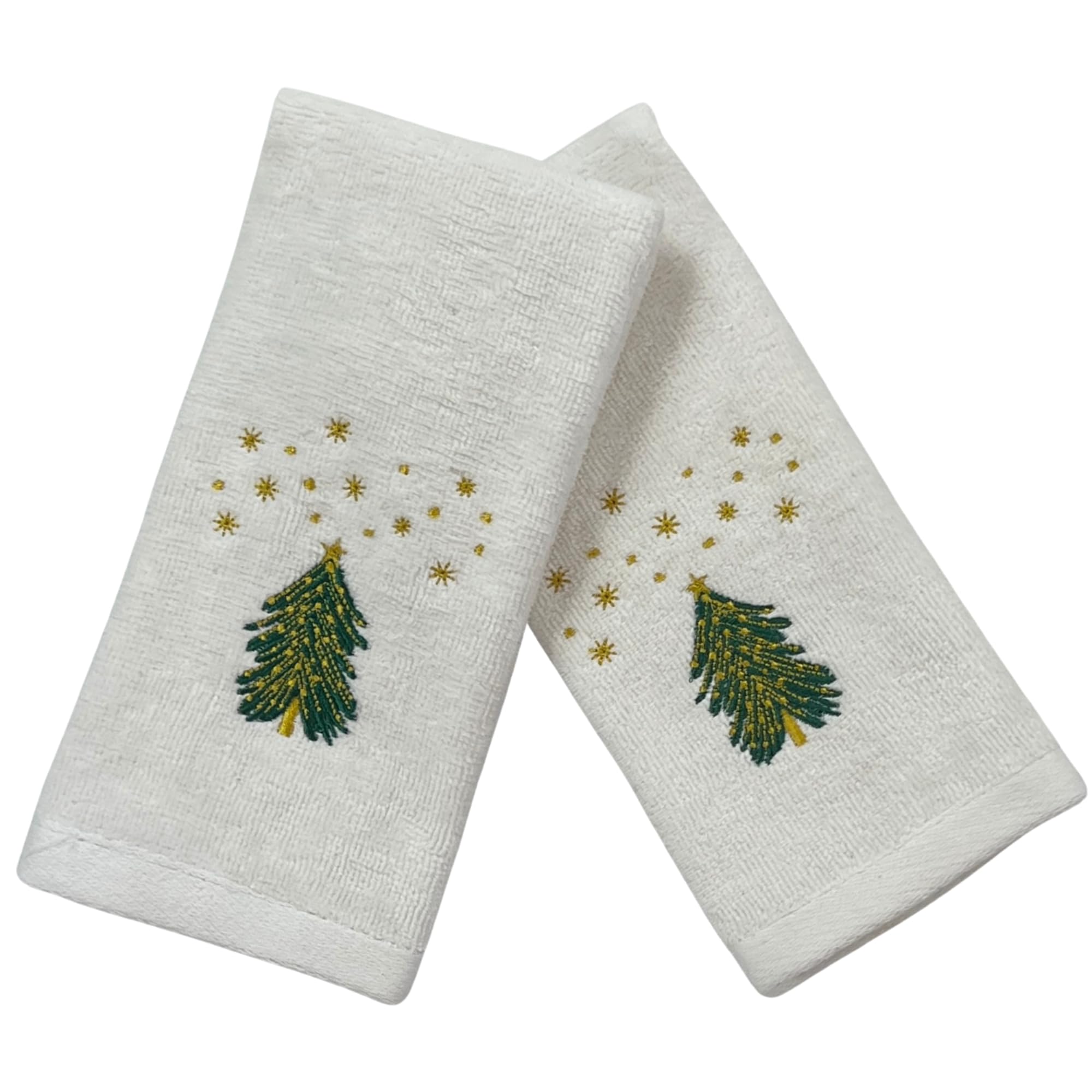 Luxury Holiday Christmas Fingertip Towel Set, Decorated Embroidered Rustic Holiday Tree Under The Stars, Velour Terry Cotton White, Set of 2