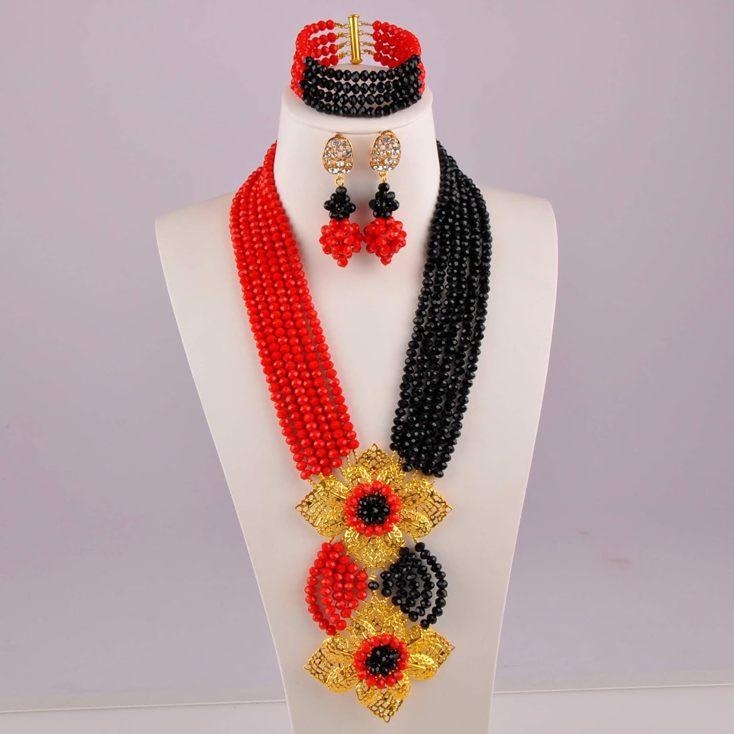 Fashion African Bead Necklace Nigerian Beads Wedding Jewelry Sets for Women (Opaque Red Black) - Image 4
