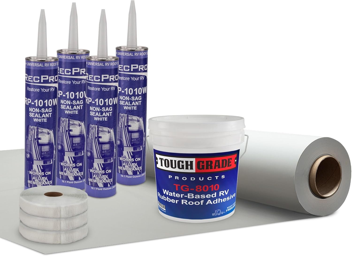 Tough Grade RV Camper Rubber Roof Kit 9.5' Wide | 1 Gallon 8010 | 2 Tubes Self-Leveling | 1 Roll of Butyl 30' | PVC Rubber Roof 5 ft | Made in USA, White (20ft)