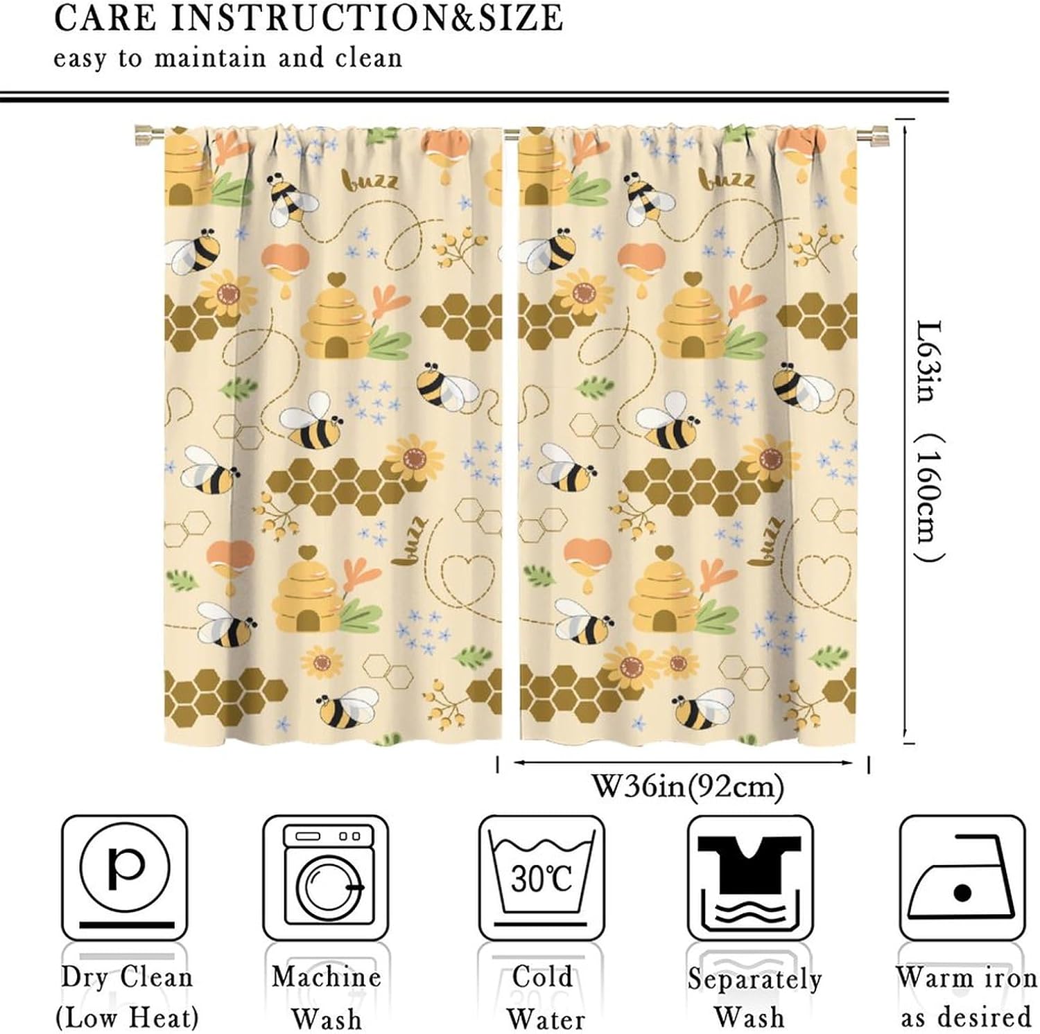 Bee Curtains Cartoon Cute Flying Bees Geometric Hexagonal Honeycomb Yellow Flower Colorful Art Print for Kids Boys Girls Bedroom Living Room Decor Rod Pocket Blackout Window Drape 72x63in