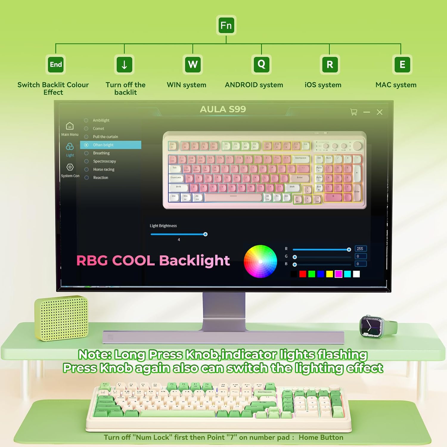 AULA S99 Gaming Keyboard, Wireless Computer Keyboards, Tri-Mode Bluetooth/2.4GHz/USB-C Custom Creamy Keyboard with Number Pad, RGB Backlit Media Knob Cute Programmable Keyboard for PC Gamer - Green - Image 4