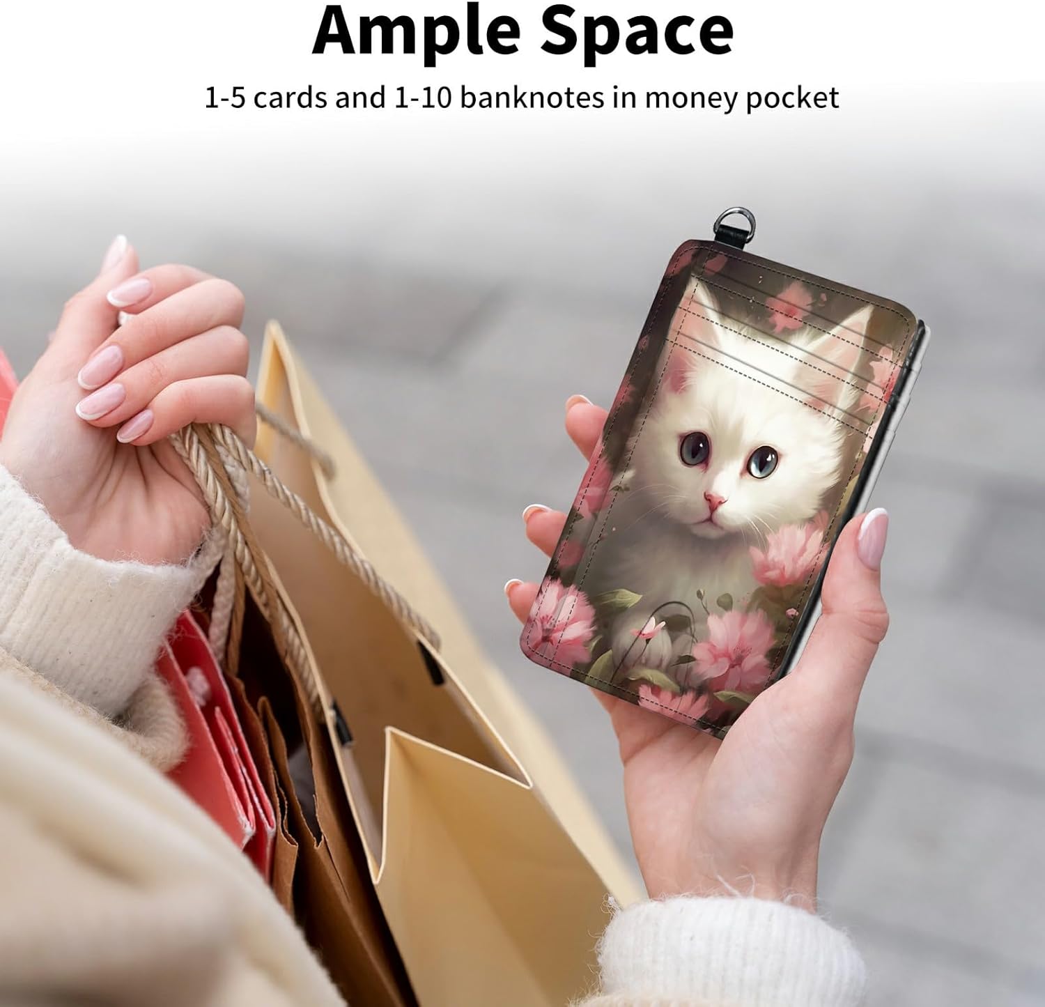 Credit Card Holder for Women, RFID Wallet Women with Wrist Rope Set, PU Leather Small Womens Wallet Slim Card Organizer Gifts Girls for Travel Home Shopping Business, Flower Cat - Image 5