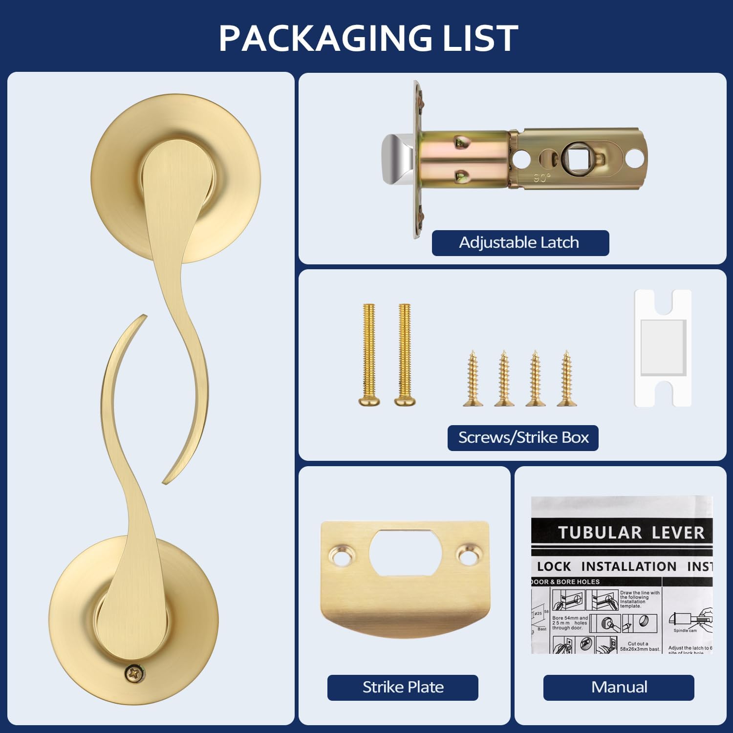 Gold Door Handles, 3 Pack Interior Door Knob, Keyless Door Lever with Passage Function, Satin Brass Door Lever for Right Handing Door, Wave Door Handles for Closet or Hall