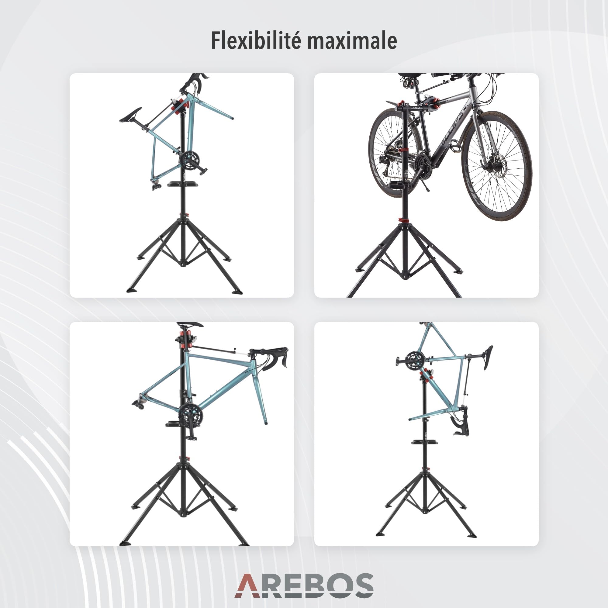AREBOS Support de Montage Professionnel pour Vélo | Pour VTT et Vélo Électrique | Rotatif 360° avec Dispositifs de Libération Rapide | Support Charges Lourdes + Sac | Noir/Rouge