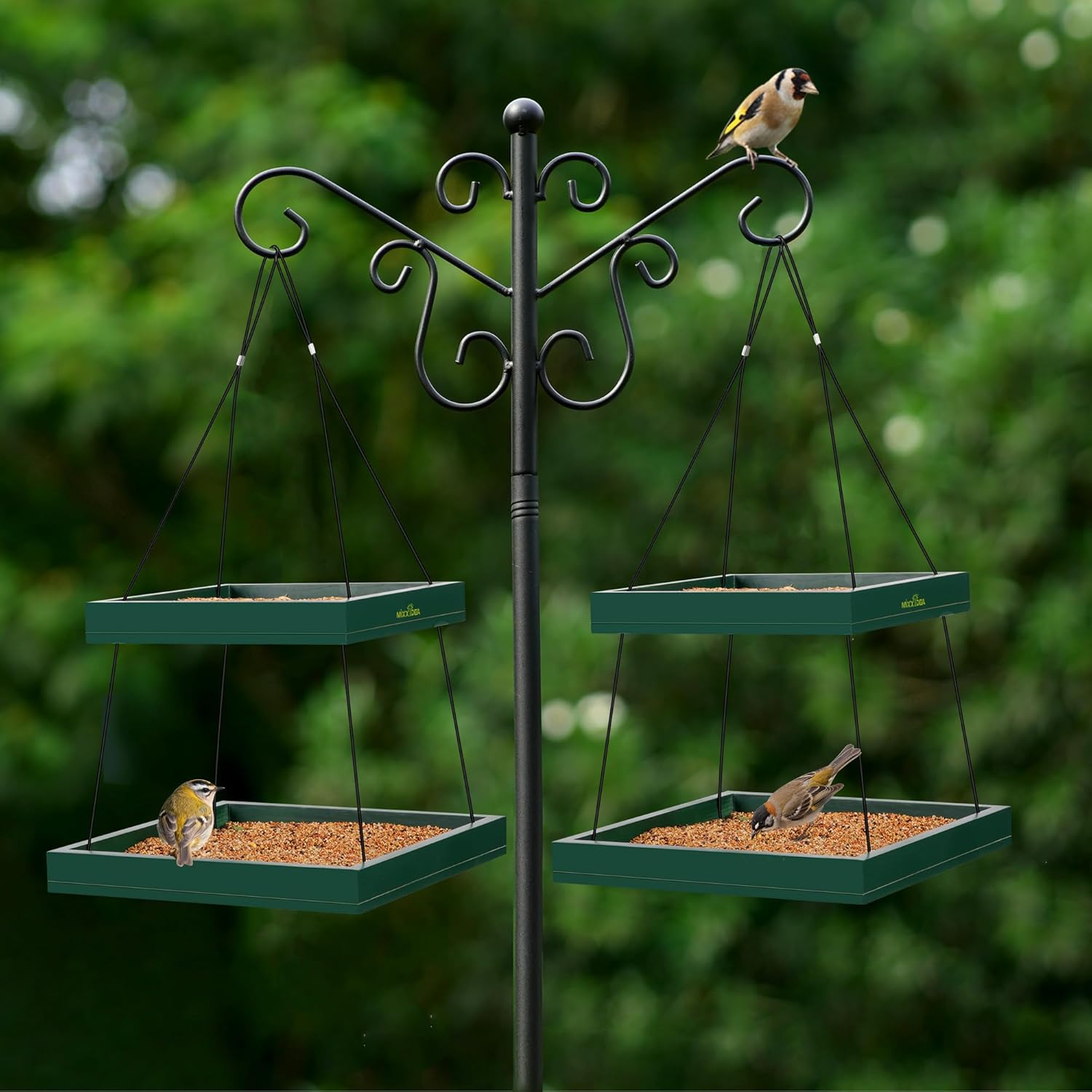 MIXXIDEA Bird Feeder Hanging Tray, 2-Tier Bird Feeders for Outdoors, Wooden Seed Tray Platform Mesh Seed Platform for Outside Garden Yard Decoration Attracting for Wild Birds (Green)
