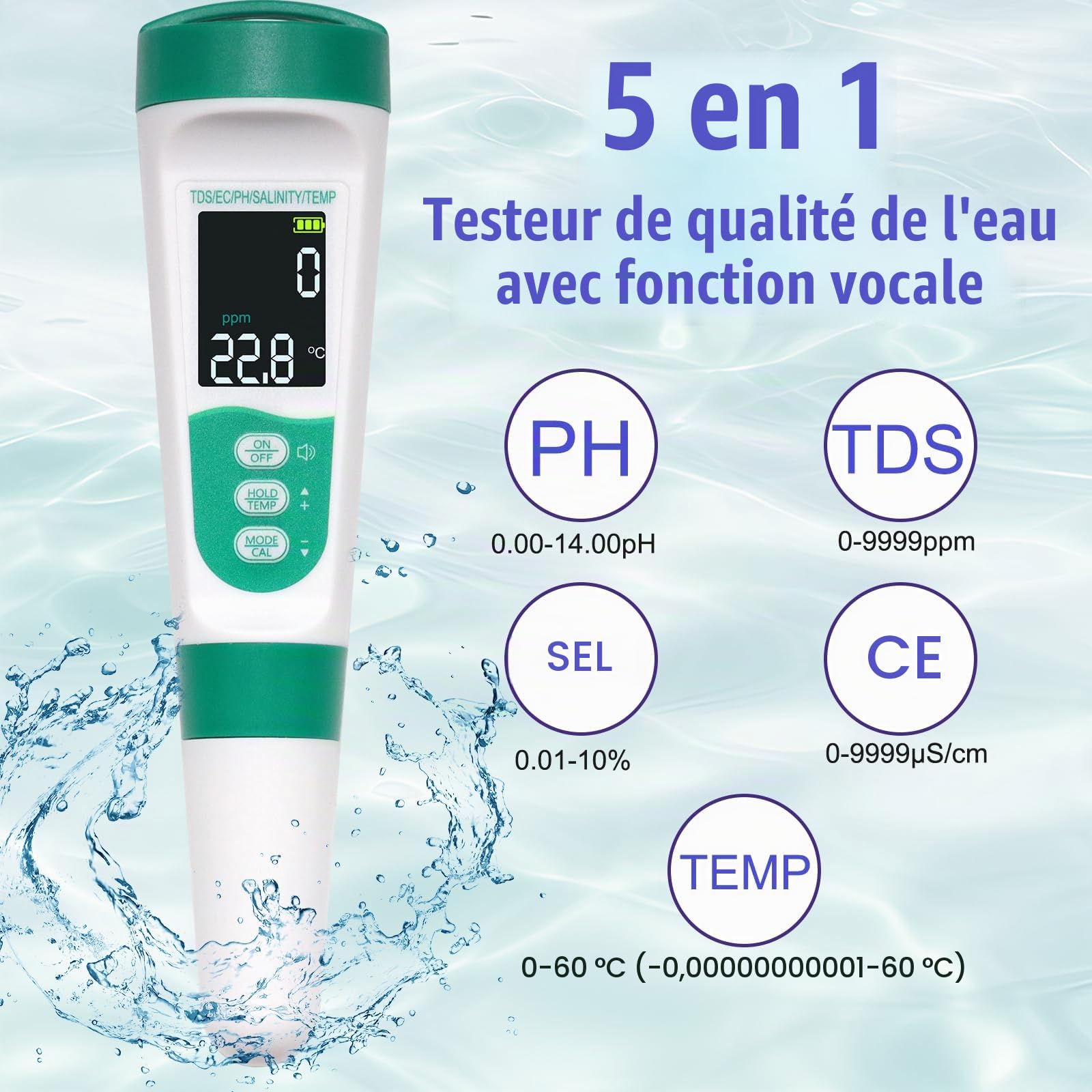 OBEST Testeur de Qualité de l'eau, pH/TDS/EC/Sel/Temp Testeur eau 5 en 1