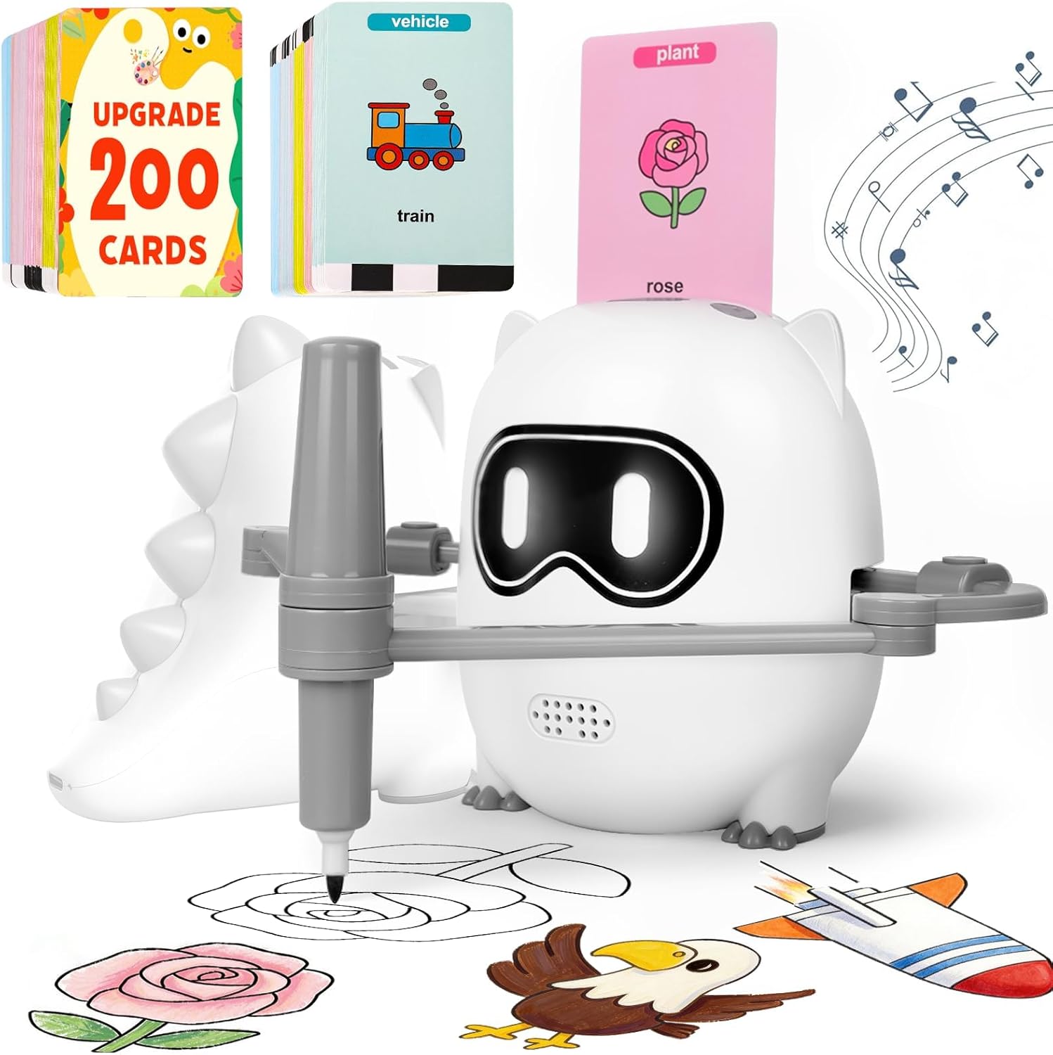 Drawing Robot with 200 Upgraded Drawing Cards for Kids 3 4 5 6 7 8 Year Old, Voice Interactive Educational Drawing Machine, Montessori Learning & Painting Toy, Rechargeable 4-in-1 Robot for Boys Girls