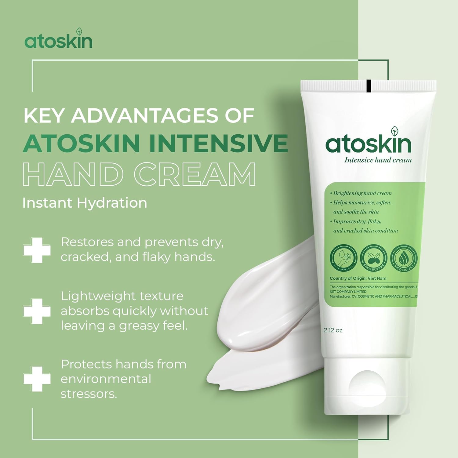 Atoskin Intensive Hand Cream (2 Pack) – Deep Moisturizing & Brightening for Dry, Cracked, Aging Hands – Non-Corticoid Formula (4.24oz) (2 Box + Gift)