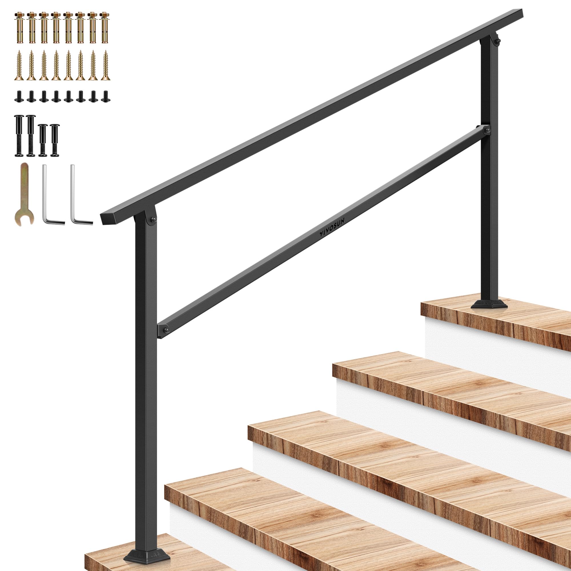 VIVOSUN 5-Step Stair Handrail 69"x36" Wrought Iron Porch Railing Black