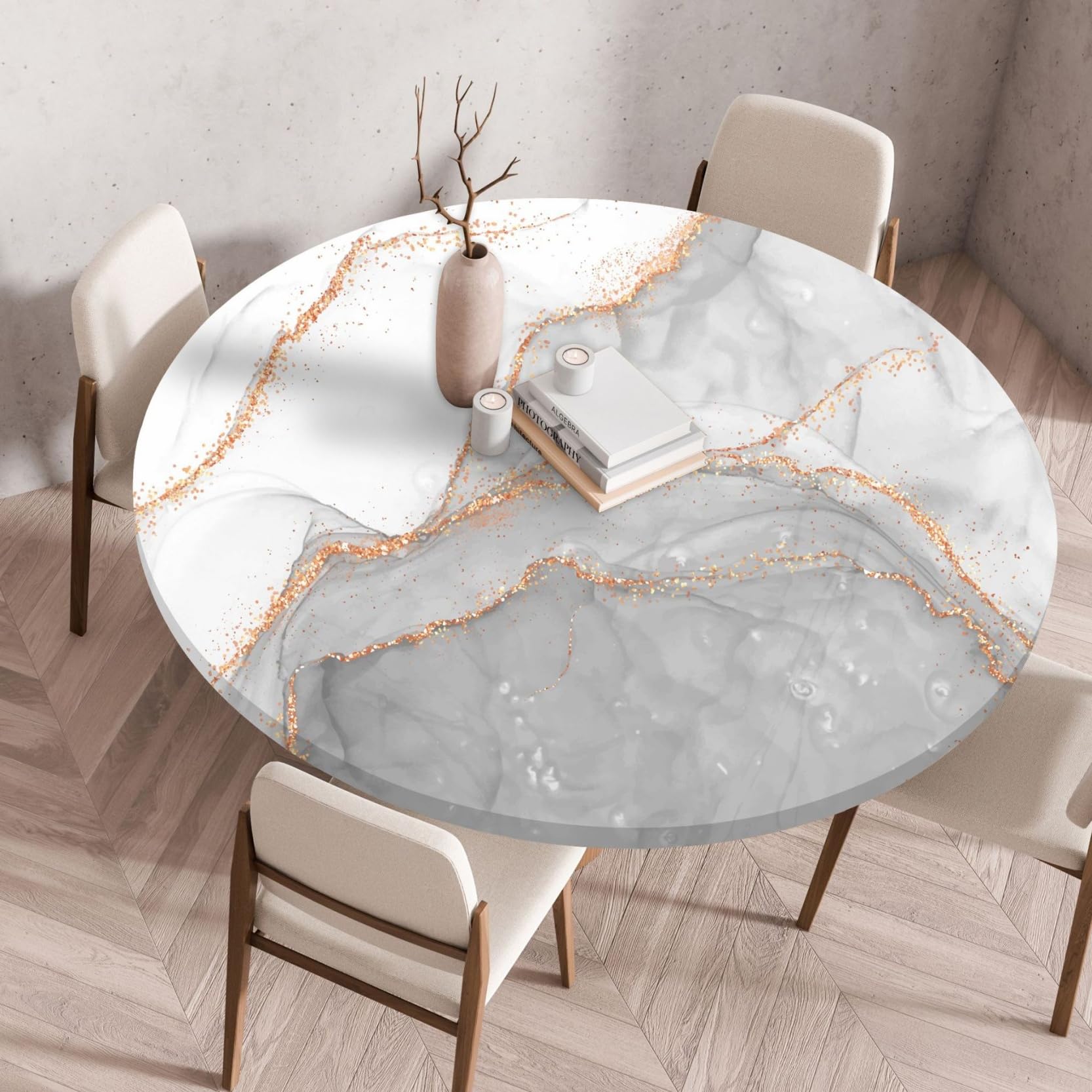 Round Tablecloth with Elasticated Edges Modern Marble Pattern Tablecloths Round Coffee Table Cover Waterproof Oil-Proof Reusable Tablecloths for Dining Bistro Outdoor Garden (Gray,120cm / 47.2inch)