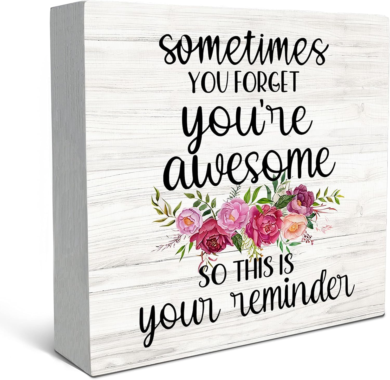 7x7 Inch Wooden Box Sign Inspirational Floral Desk Decor Plaque